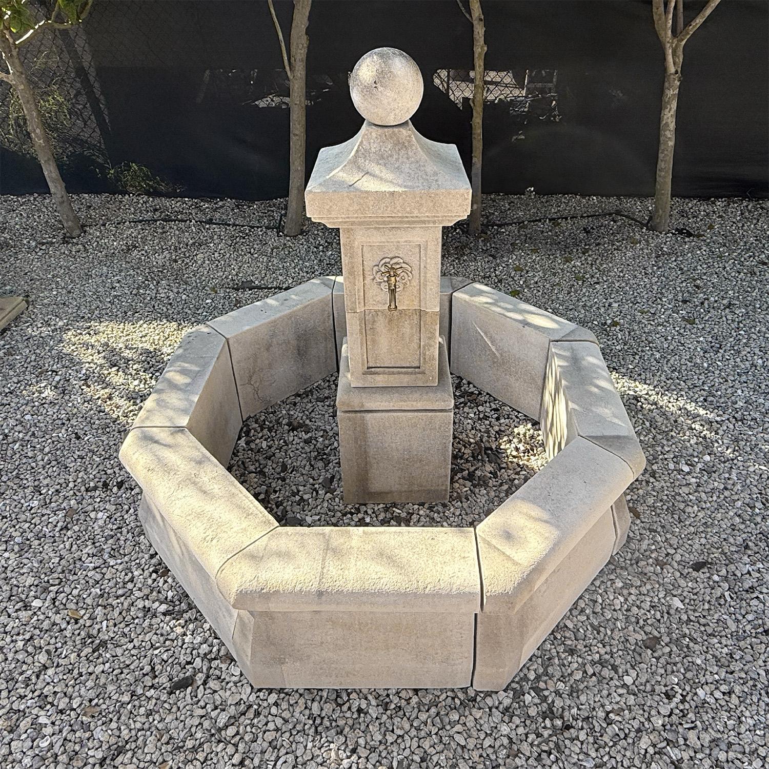 Contemporary 21st Century French Petite Octagonal Central Limestone Fountain For Sale