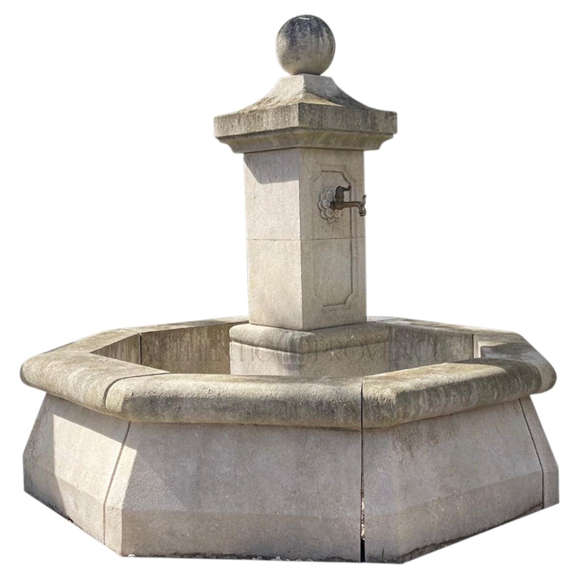 Hand-Carved Octagonal Limestone Garden Fountain in French Design