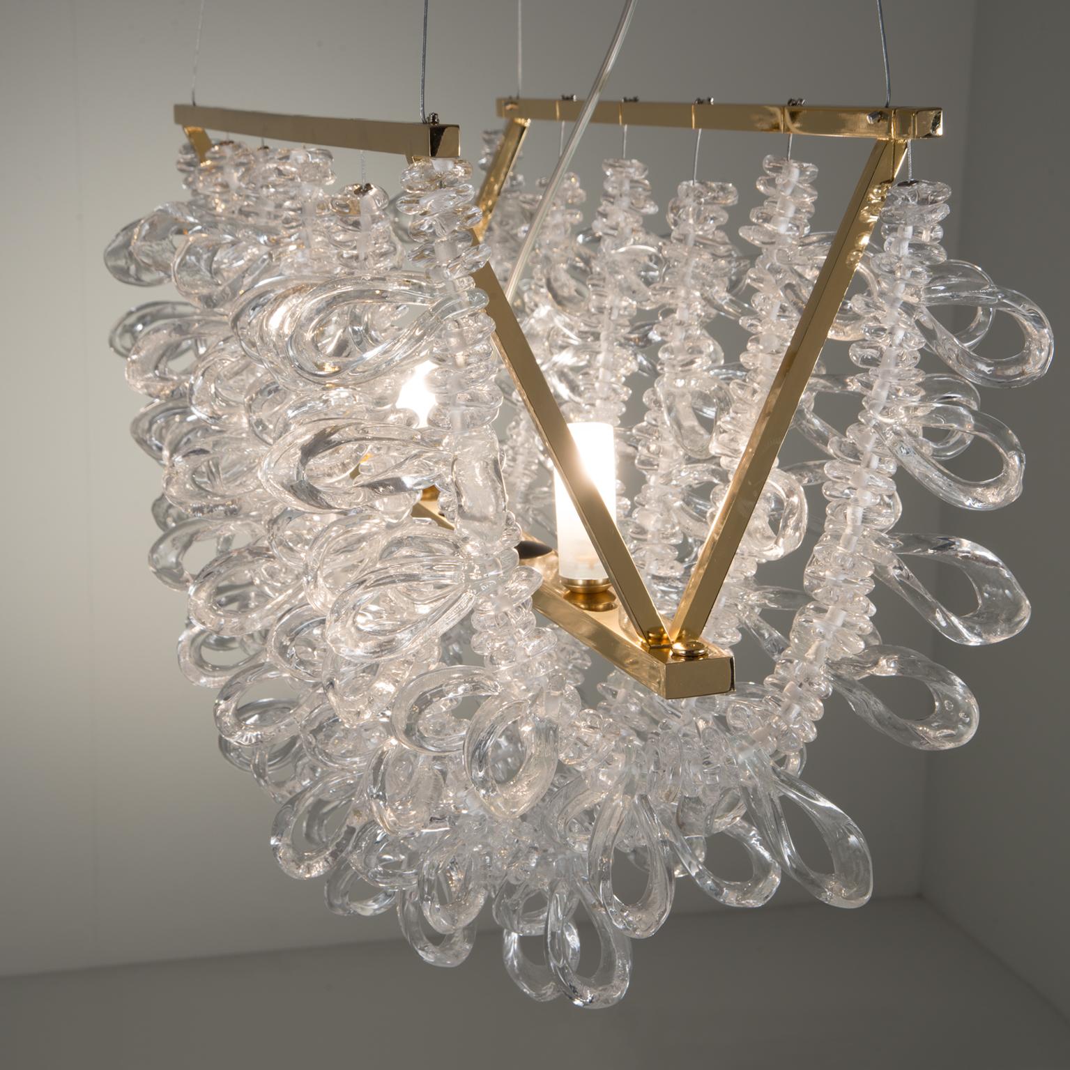 Modern 21st Century Frozen Blown Glass and Gold Chandelier by Roberto Lazzeroni For Sale