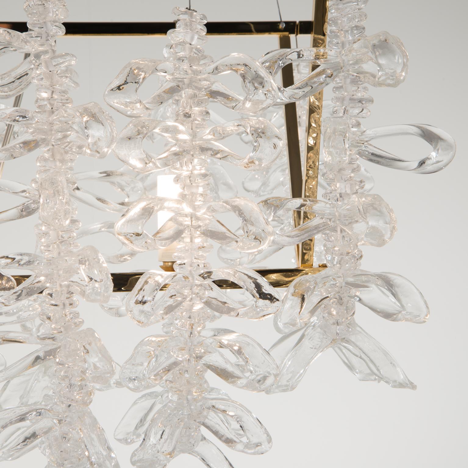 Italian 21st Century Frozen Blown Glass and Gold Chandelier by Roberto Lazzeroni For Sale