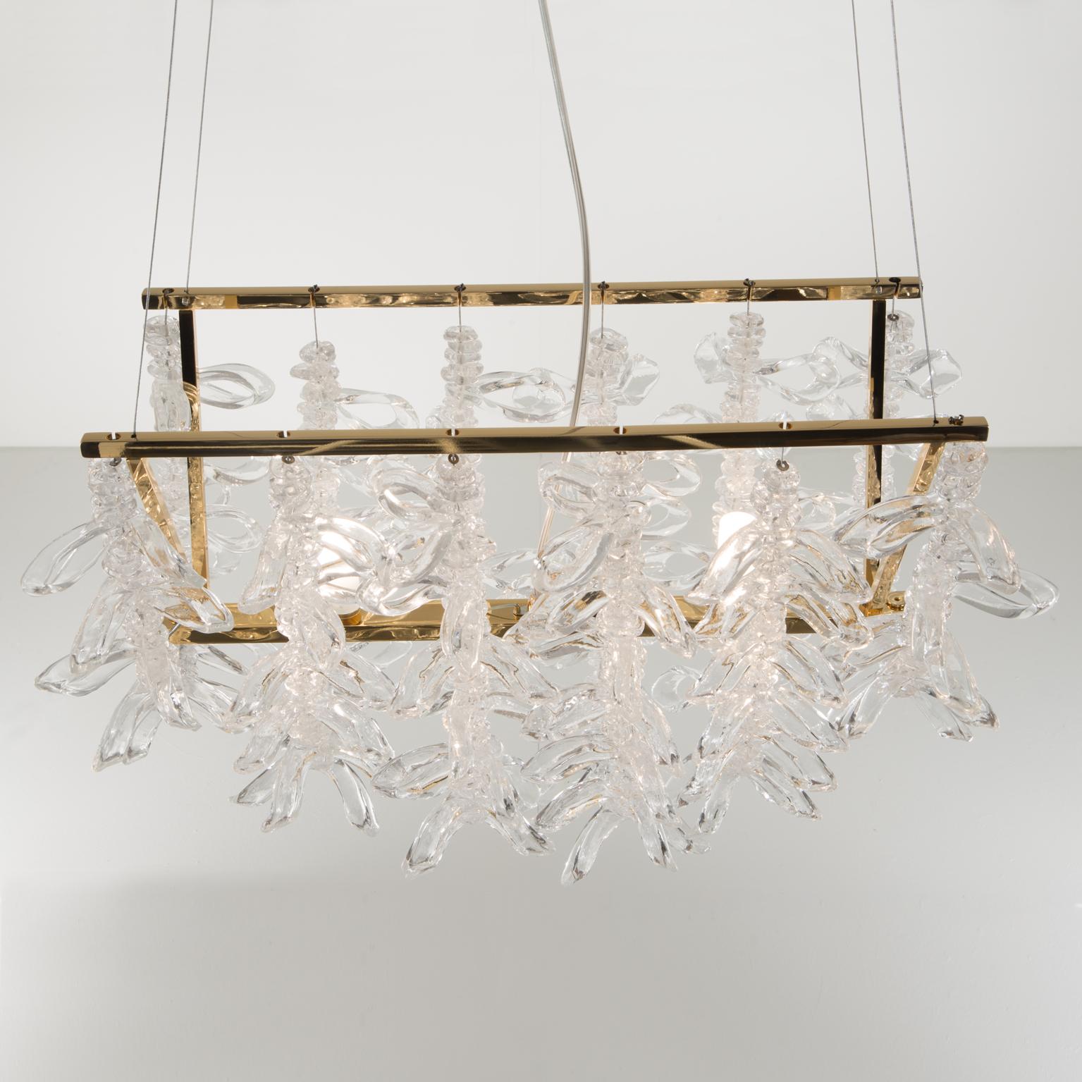 Plated 21st Century Frozen Blown Glass and Gold Chandelier by Roberto Lazzeroni For Sale