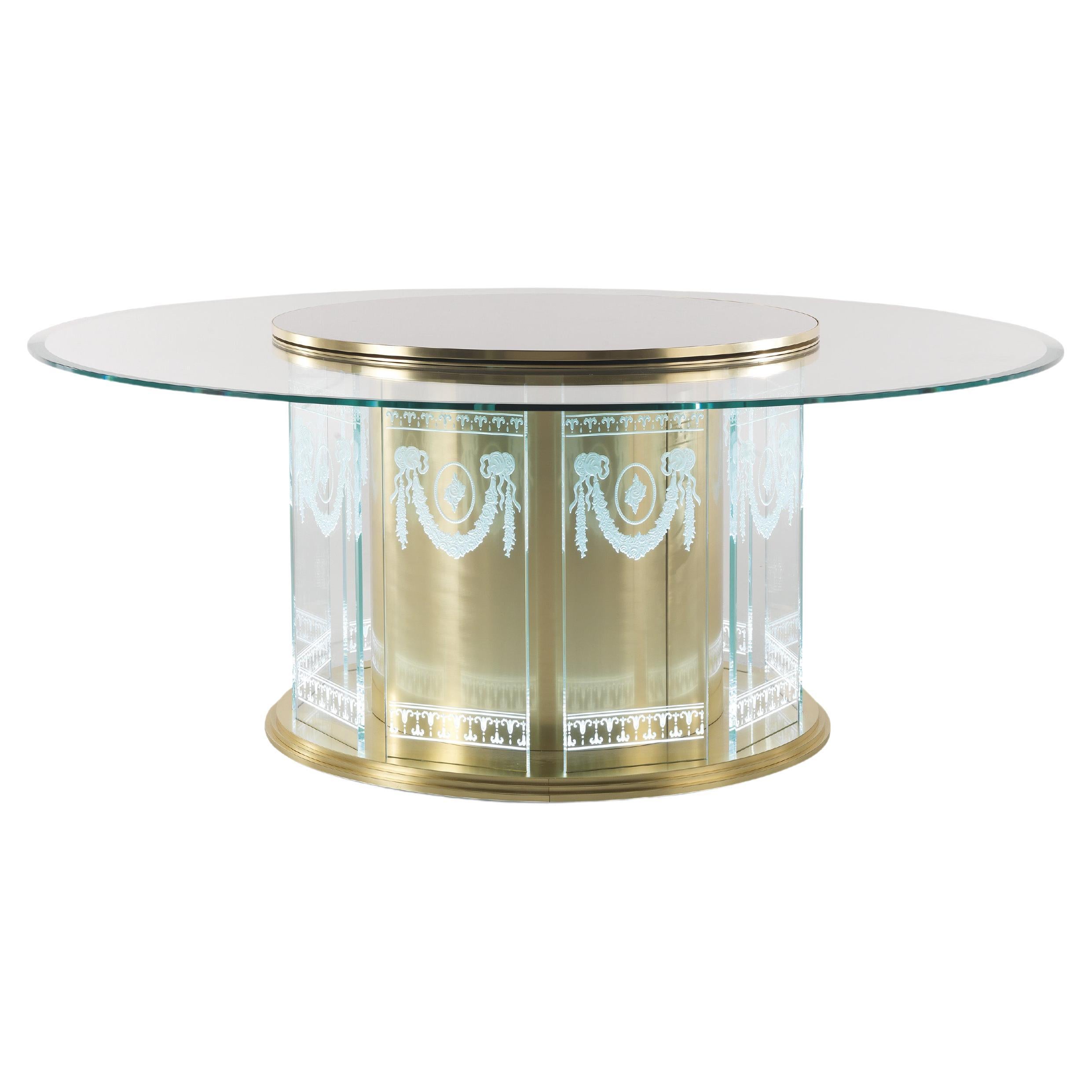 21st Century Fuji Dining Table in Metal and Glass with Greek Decorations