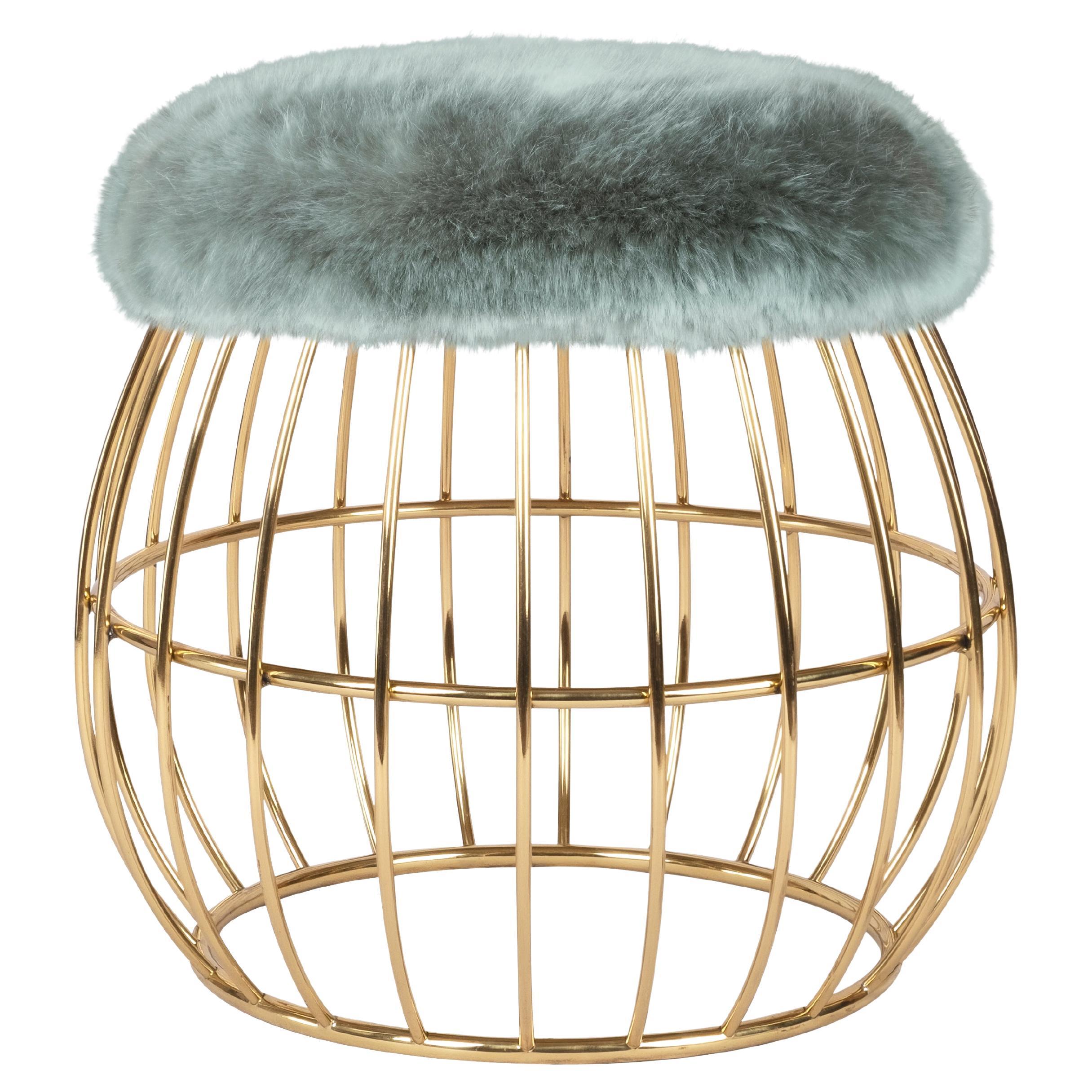 21st Century Fur Andy Stool Polished Brass Genuine Sheepskin For Sale