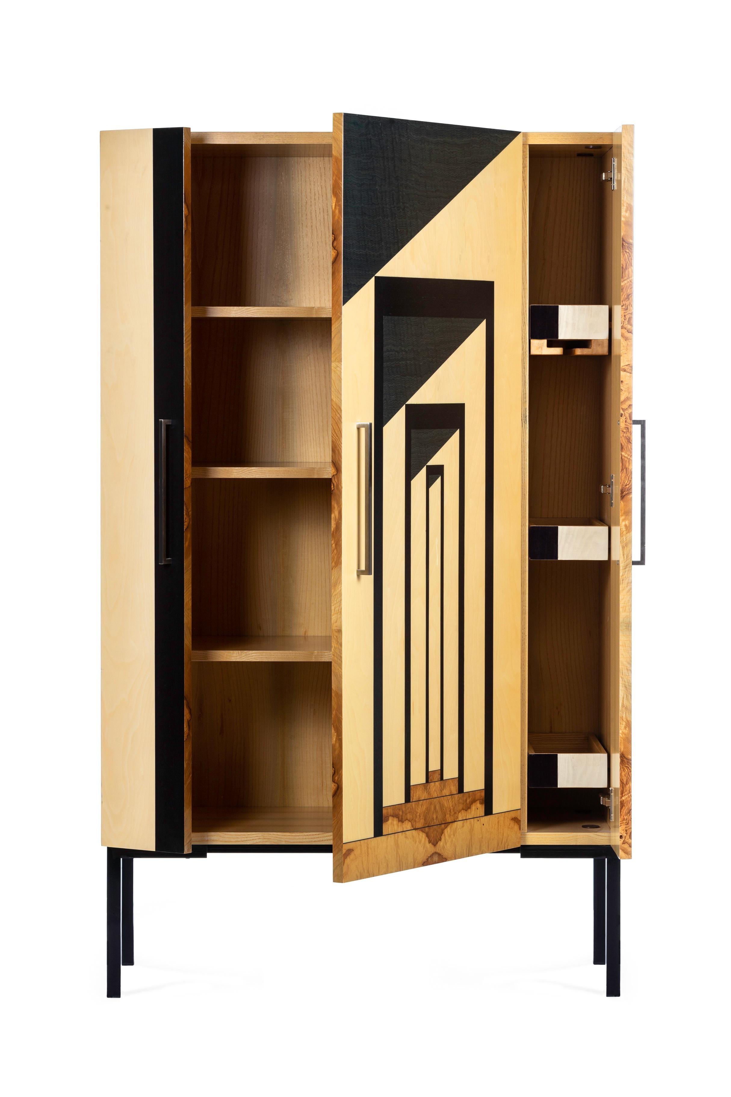 Italian 21st Century Gallery Cabinet, Inlay in Olive Root, Maple, Ash, Made in Italy For Sale