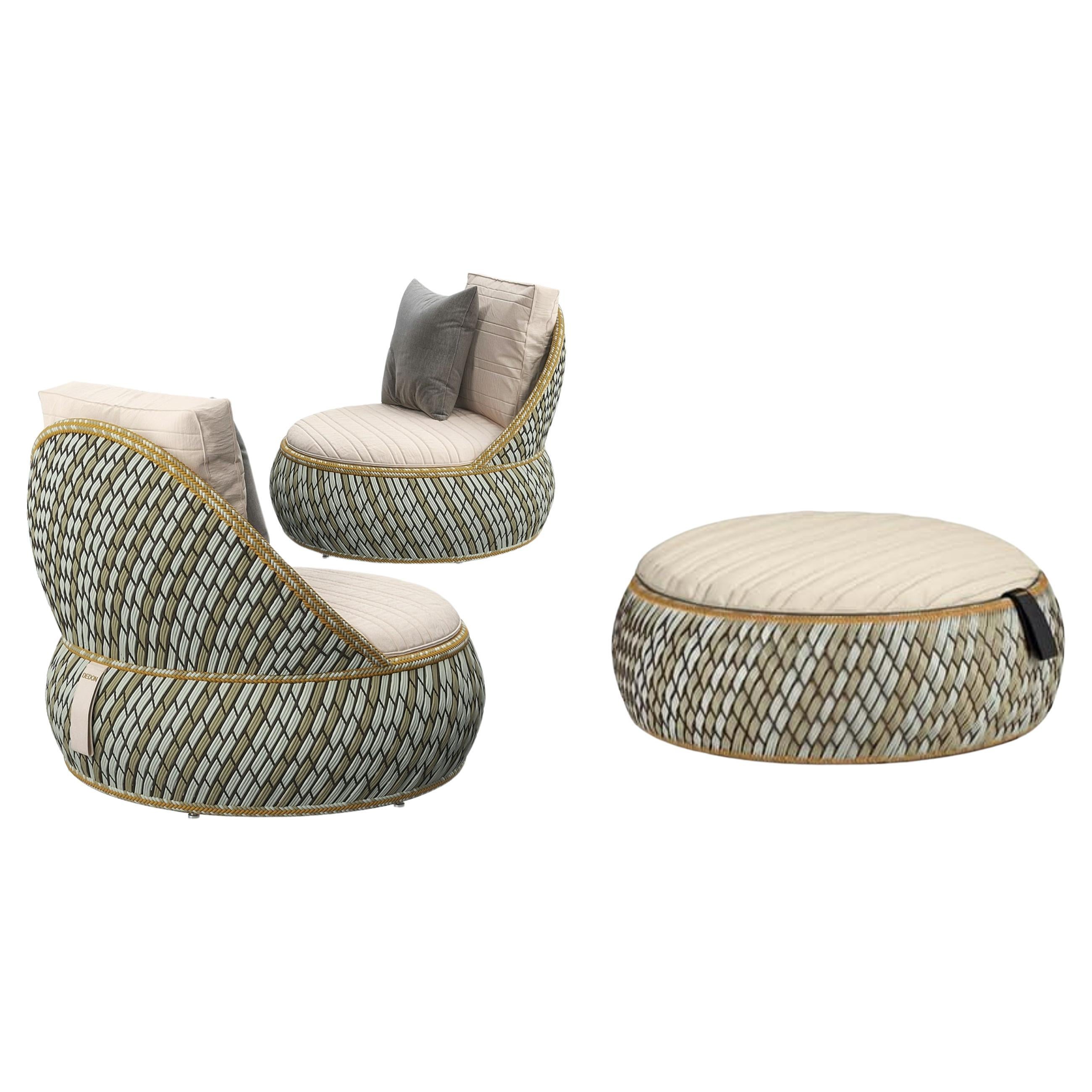 Three pieces of Dala collection including two lounge chairs and a footstool by Dedon. All of the items are in very good new condition and could be sold separately.


