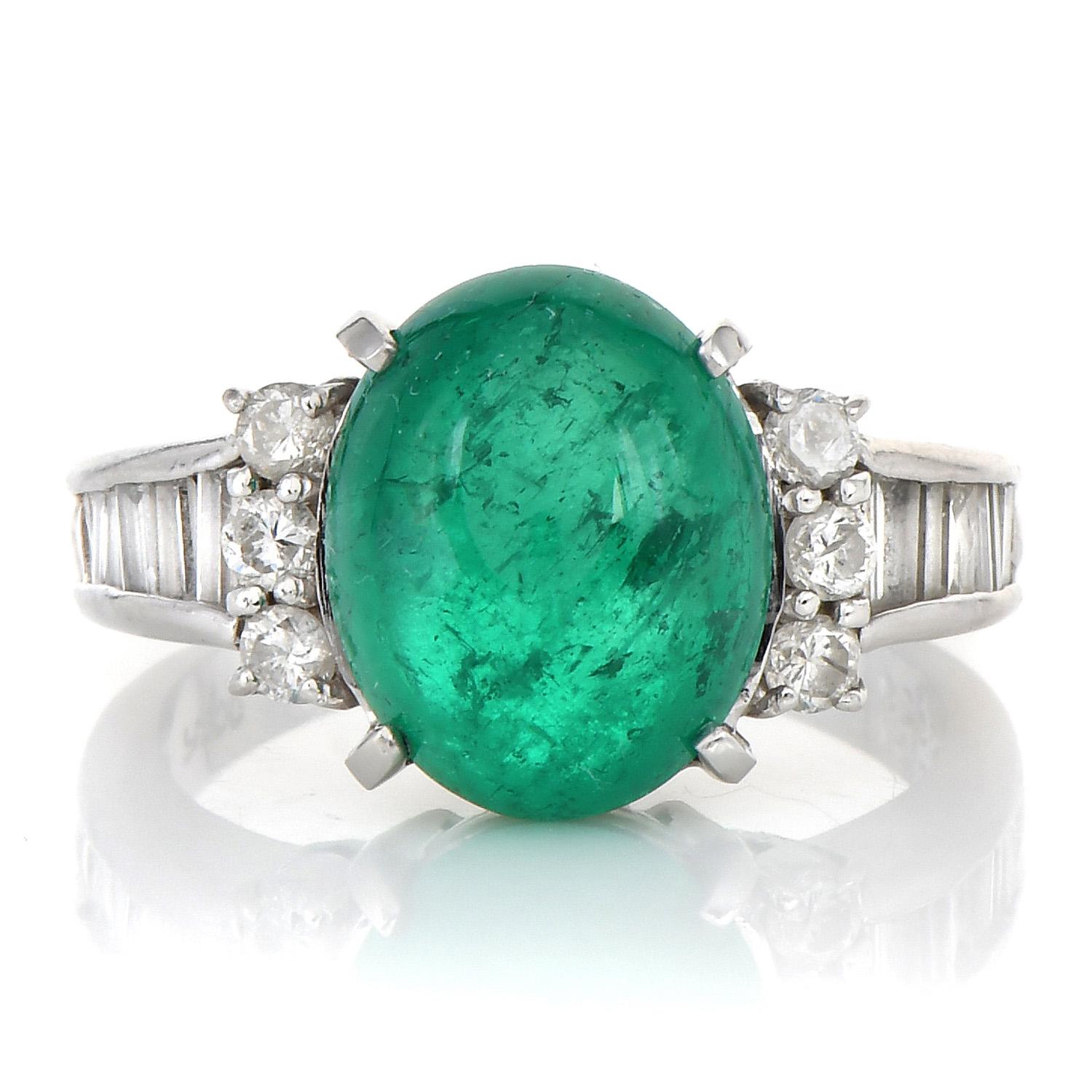 An exquisite vivid green cabochon emerald will brighten your day and bring joy to any jewelry box.

They are crafted in luxurious platinum, with minor treatment, centered by a GIA-certified Genuine Emerald, Cabochon oval cut, weighing approximately