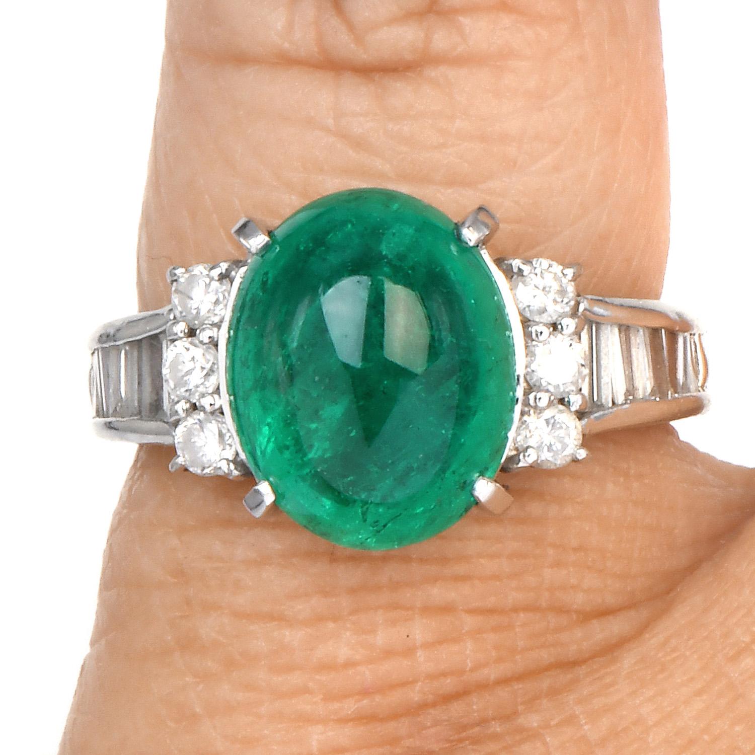 Modern 21st Century GIA Cabochon Emerald Diamond Platinum Cocktail Ring For Sale