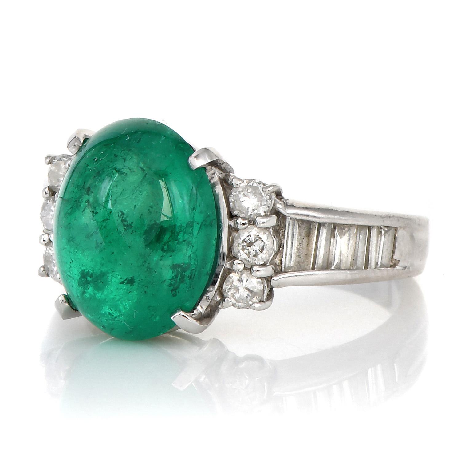 21st Century GIA Cabochon Emerald Diamond Platinum Cocktail Ring In Excellent Condition In Miami, FL