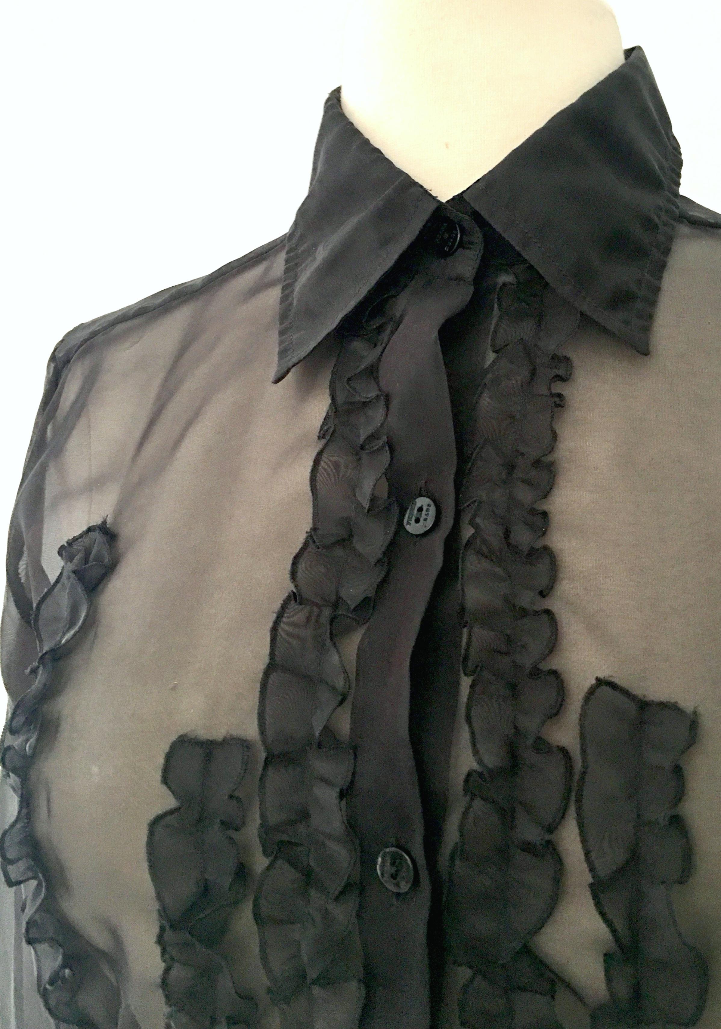 21st Century Gianfranco Ferre Black Silk Chiffon Ruffle Blouse For Sale 2