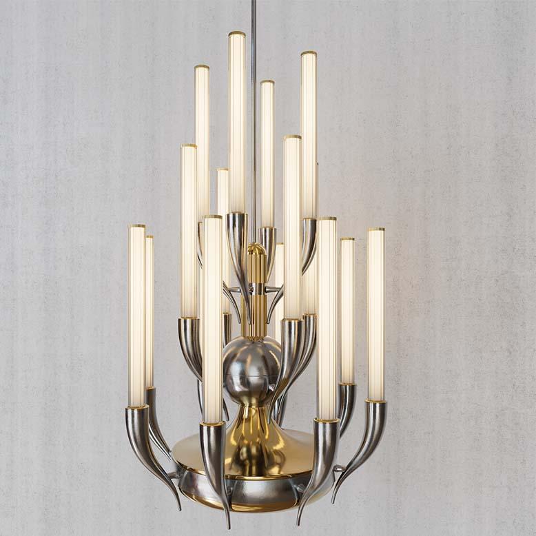16-light chandelier in golden and gunsmoke brass and ribed clear glass. Each object is handcrafted and the care for every detail makes each item unique in its kind. It can be combined with the 3-light and the 5-light wall lamp, thus making the