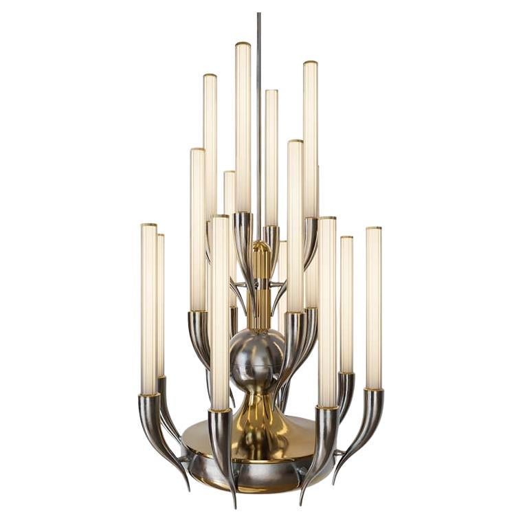 21st-Century, glass and brass 16-light chandelier with Horn For Sale