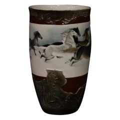 Used 21st Century Glazed and Painted Ceramic Chinese Vase with Horses, 2000