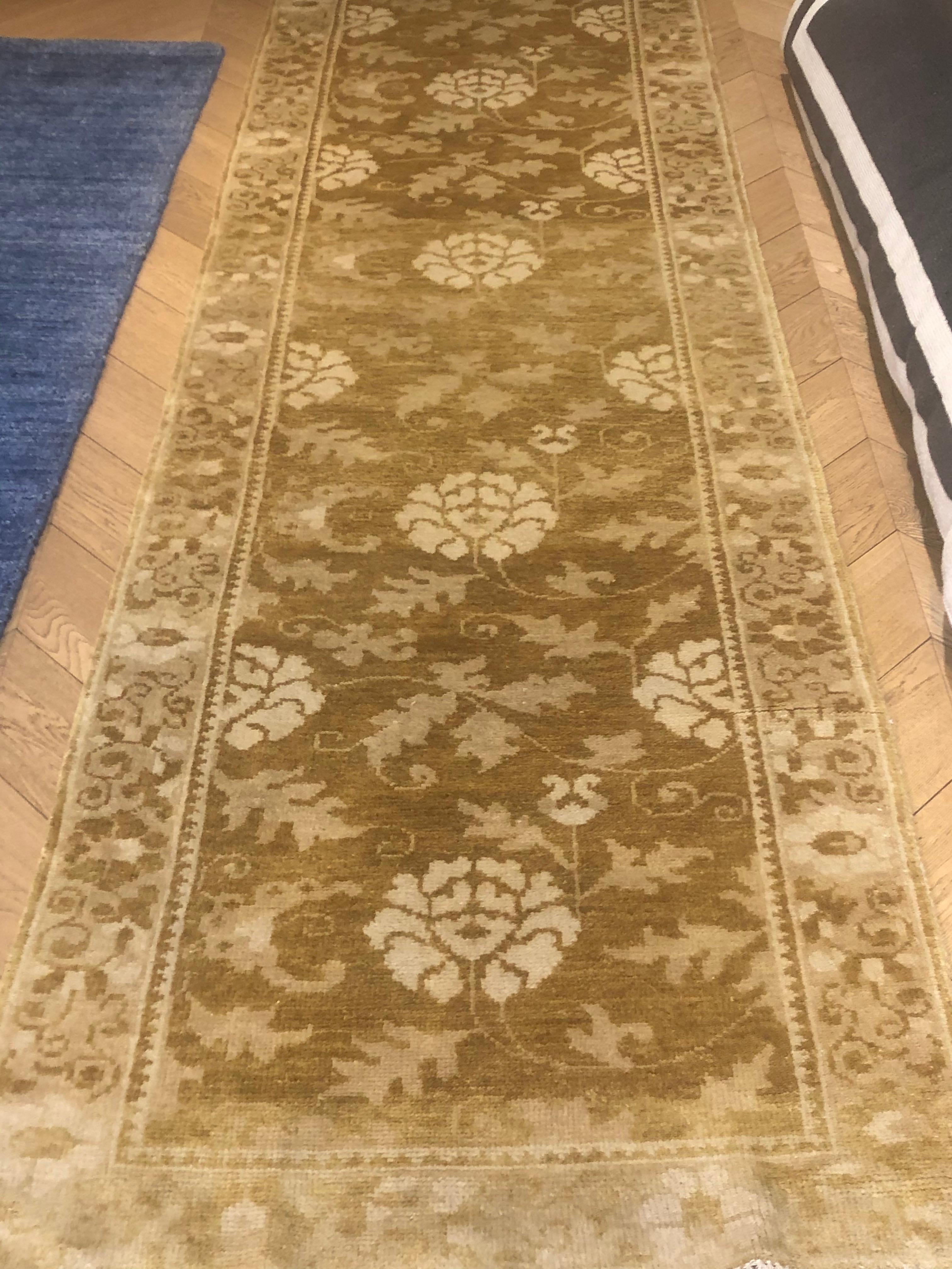 Hand-Knotted 21st Century Gold and Brown Lotus Chinese Runner Rug, ca 2020 For Sale