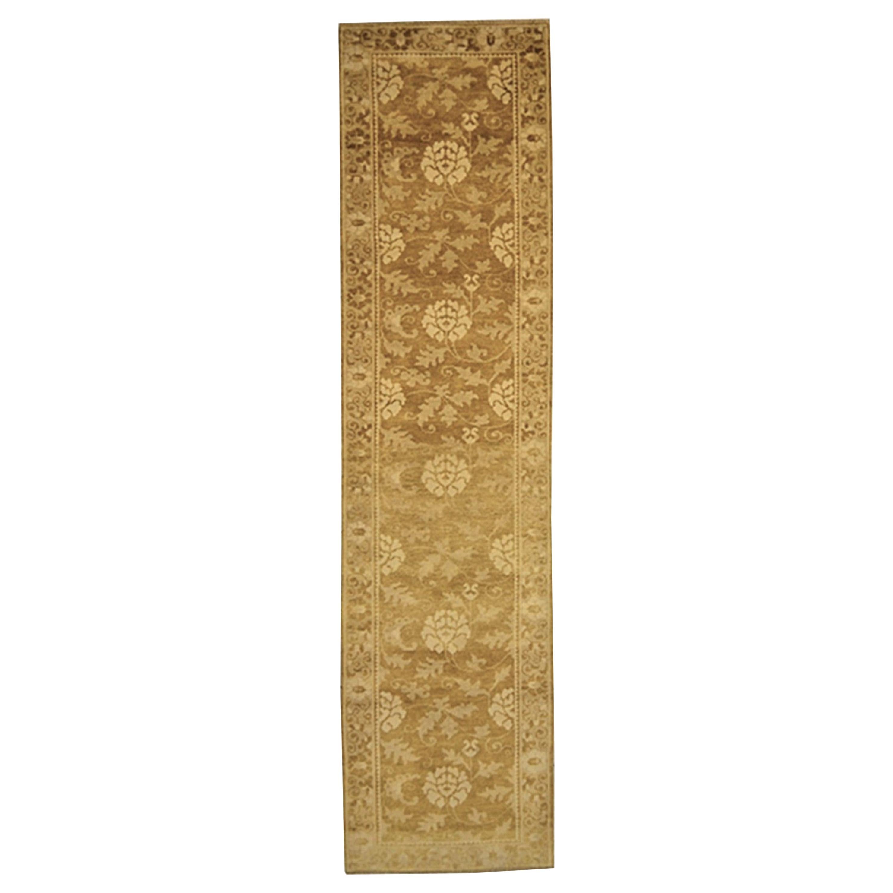 21st Century Gold and Brown Lotus Chinese Runner Rug, ca 2020 For Sale