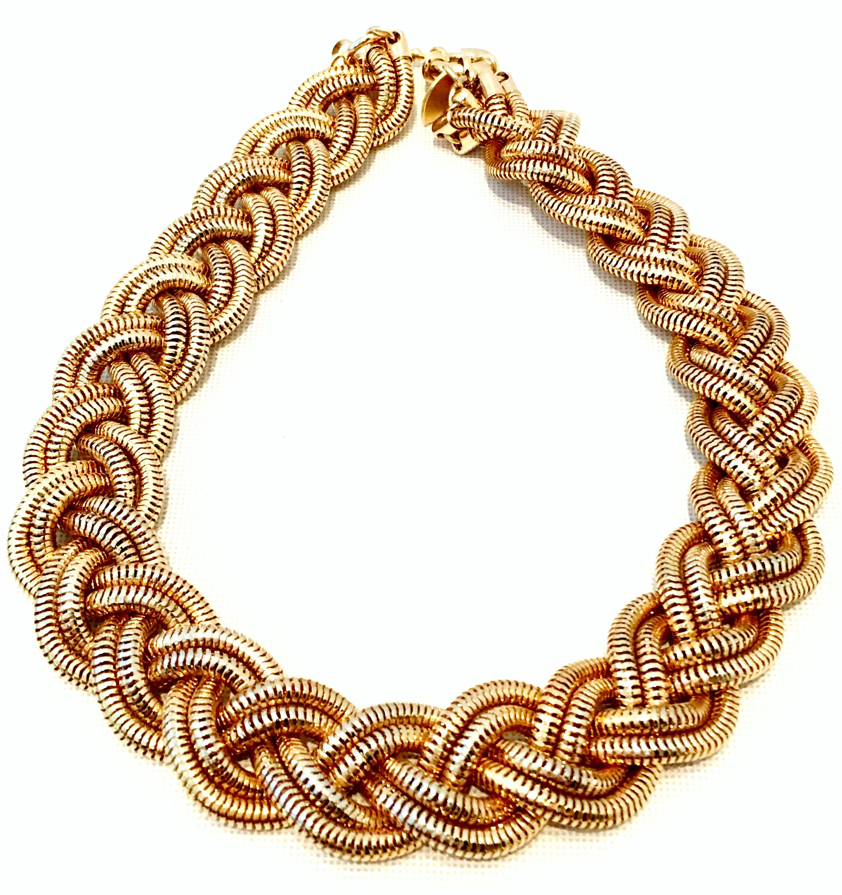 21st Century 14K Gold Plate Mesh & Twisted Rope Choker Style Necklace By, Giles & Brothers. This substantial and chunky piece features six rows of gold plate mesh and twisted rope detail. Signed with the iconic Giles & Bro gold hang tag at the clasp.