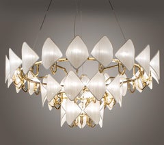 21st Century Gold Plated Chandelier and White Silk Shades by Roberto Lazzeroni
