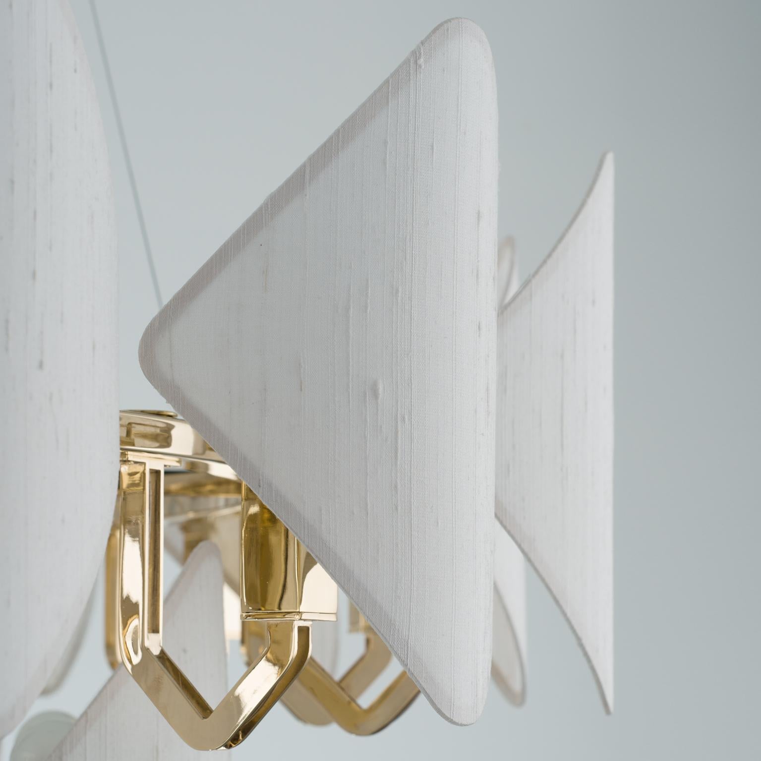 Italian 21st Century Gold Plated Chandelier and White Silk Shades by Roberto Lazzeroni For Sale
