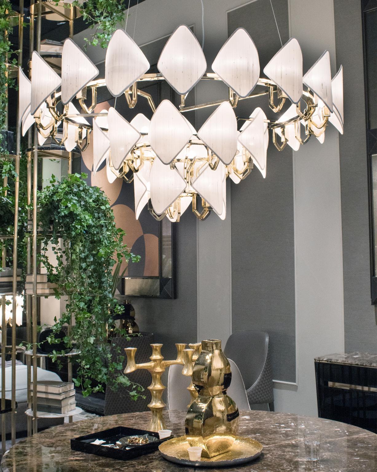 21st Century Gold Plated Chandelier and White Silk Shades by Roberto Lazzeroni In New Condition For Sale In Sesto Fiorentino, IT