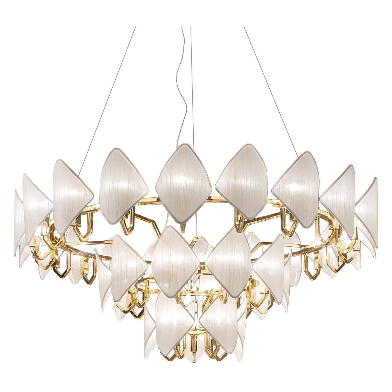 21st Century Gold Plated Chandelier and White Silk Shades by Roberto Lazzeroni