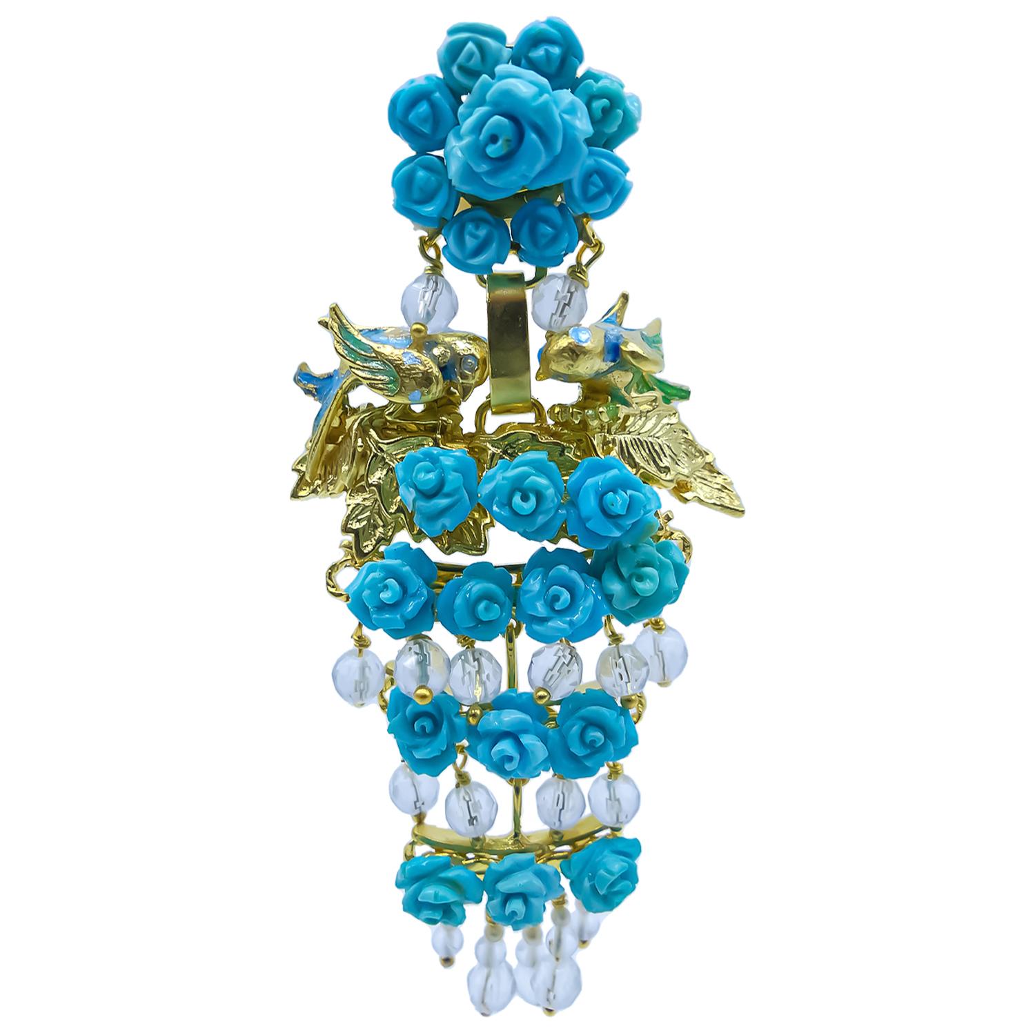 21st Century Gold Plated Earrings Blue Turquoises Roses Pearls Quartz Birds 

Gold plated silver earrings with fire enamel. Roses carved with blue turquoise, quartz and pearls.

We pay homage to Tradition with great respect, interpreting the