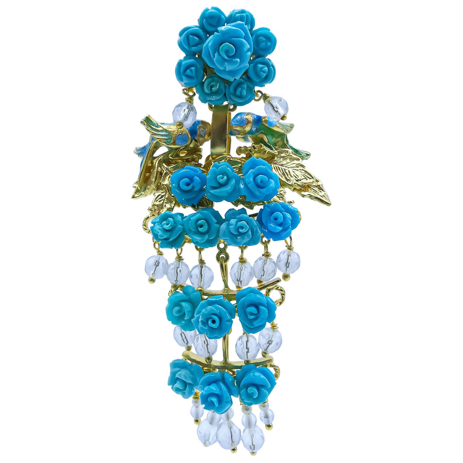 Modern 21st Century Gold Plated Earrings Blue Turquoises Roses Pearls Quartz Birds