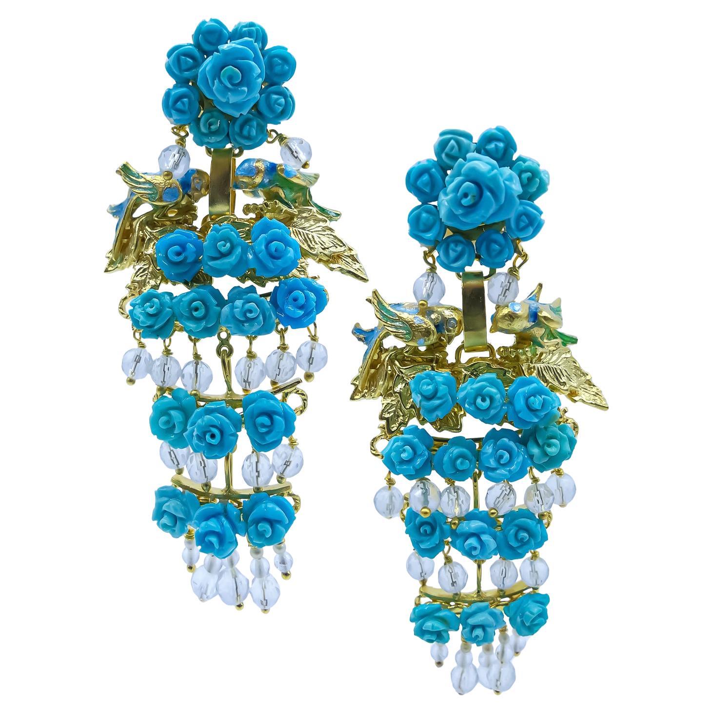 Vergoldete Ohrringe des 21. Jahrhunderts Blaue Türkis Rosen Perlen Quarz Vögel