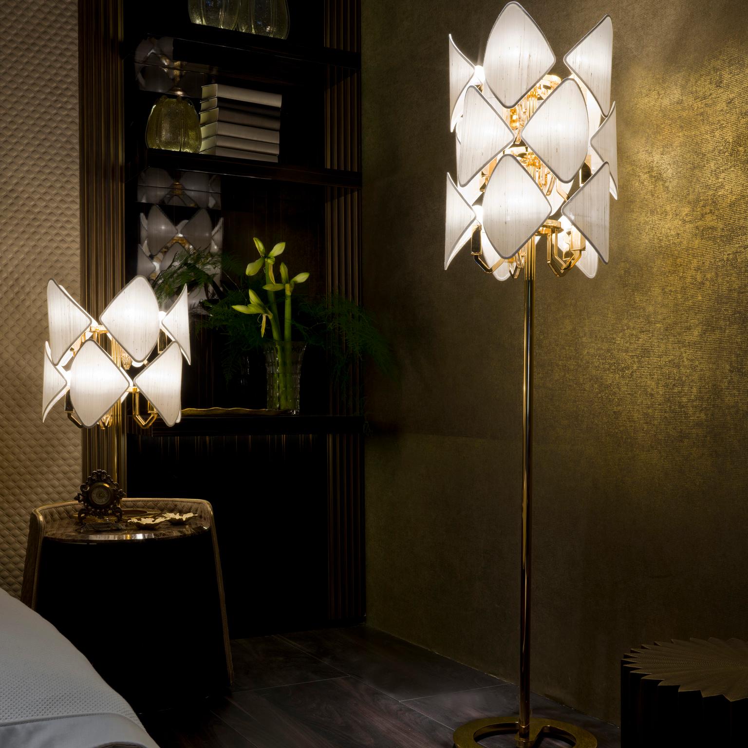 Contemporary 21st Century Gold Plated Table lamp and White Silk Shades by Roberto Lazzeroni For Sale