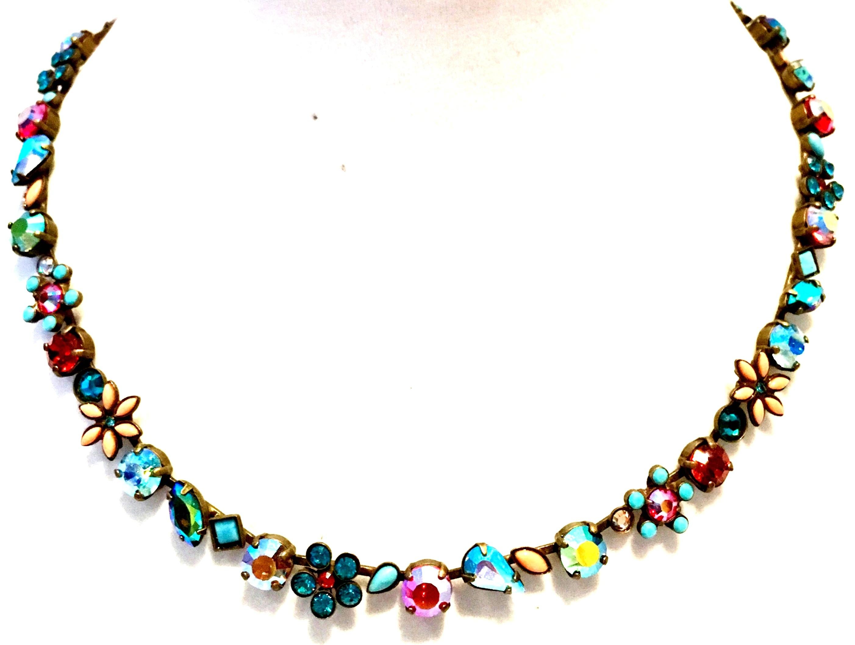 21st Century Hand Crafted, Limited Edition diminutive yet dramatic antique bronze plate prong set Swarovski crystal rhinestone and enamel flower choker style necklace by, Sorrelli. This stunner is finished the entire length in stones. Stones are