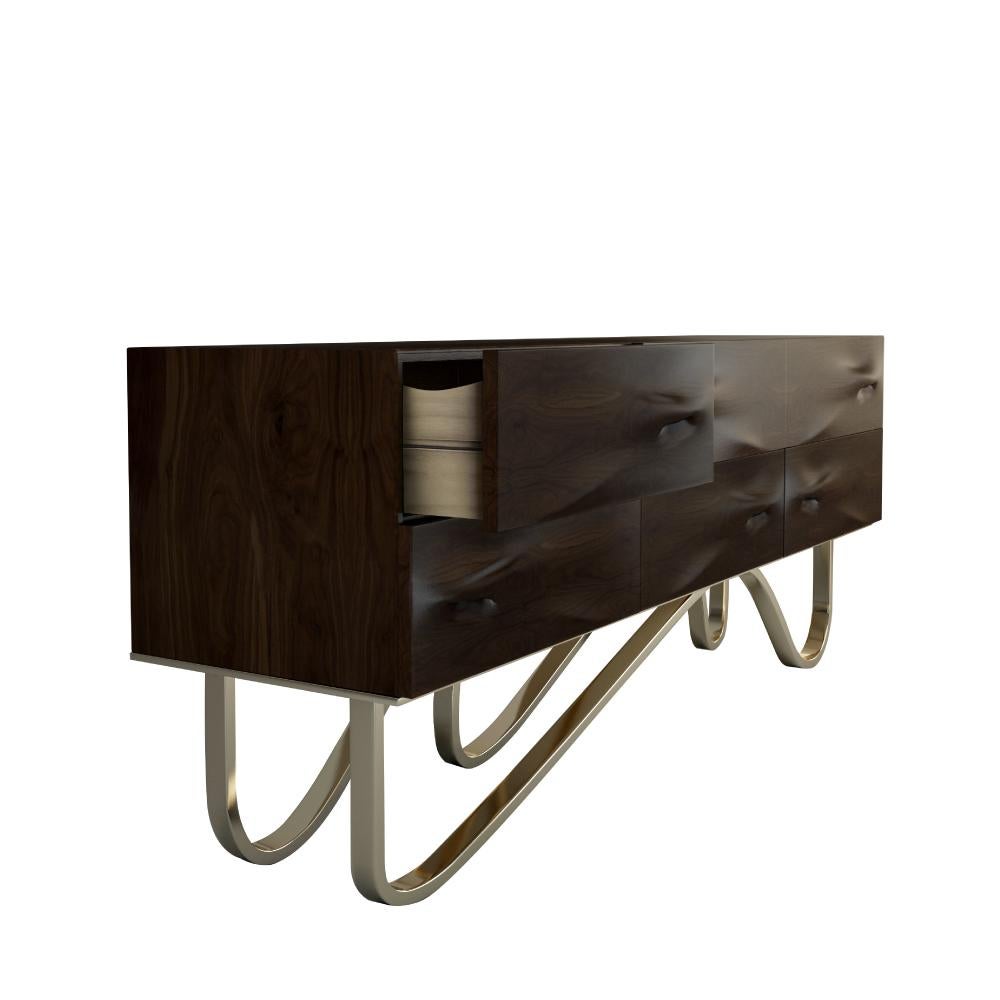 Contemporary 21st Century Goldberg Sideboard Walnut Wood Polished Brass For Sale
