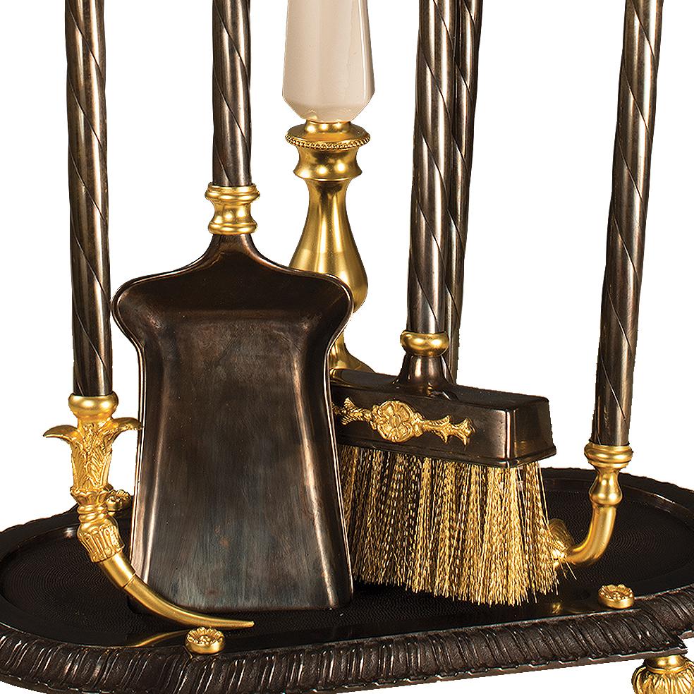 Louis XVI 21st Century Golden Bronze and Porcelain Fireplace Tools For Sale