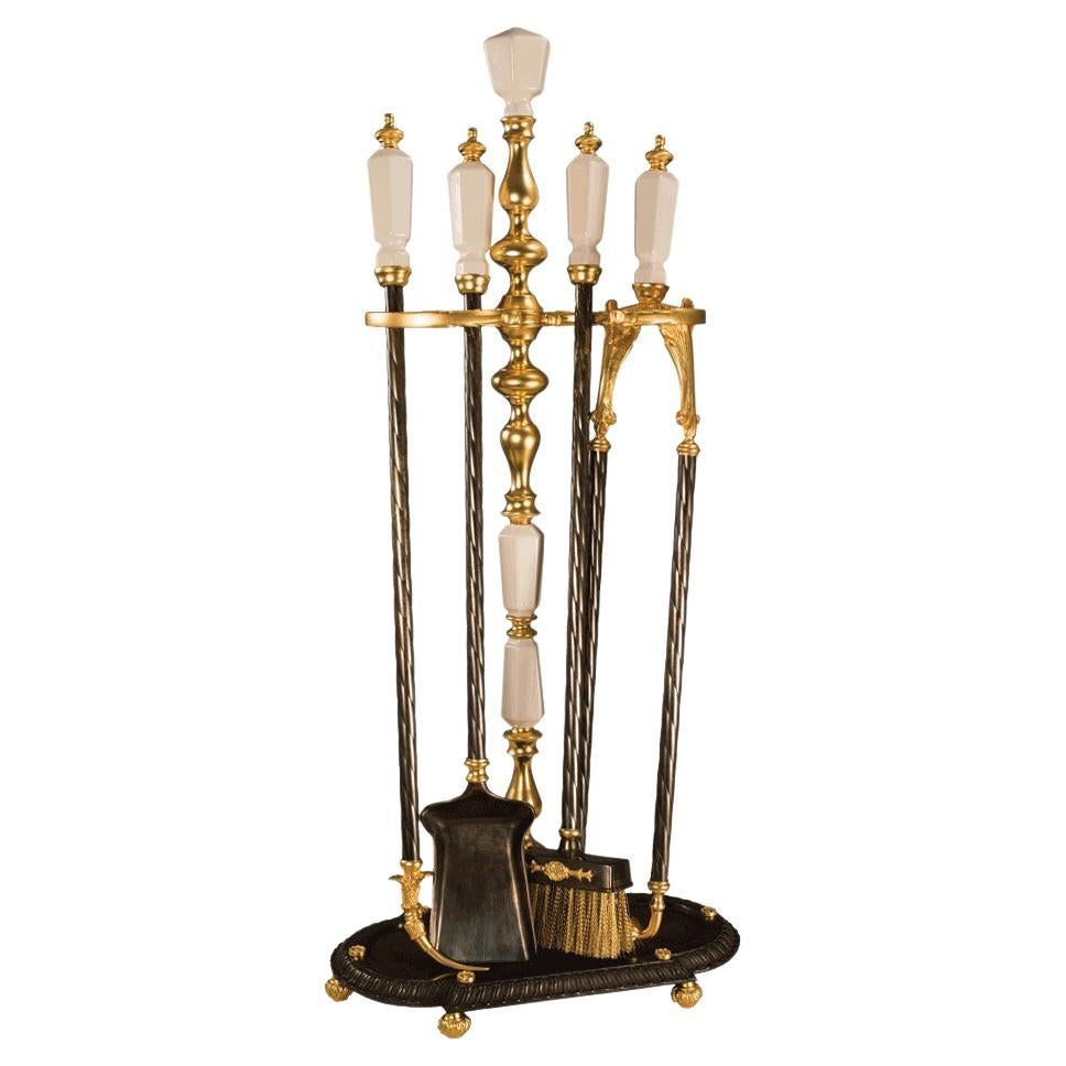 21st Century Golden Bronze and Porcelain Fireplace Tools For Sale