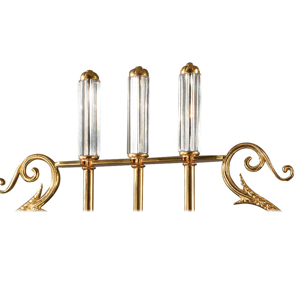 21st Century patinated gold bronze fireplace tools. The handles of the fireplace tools are in cut clear crystal. Each object is handcrafted and the care for every detail makes each item unique in its kind. The style of this fireplace tools is