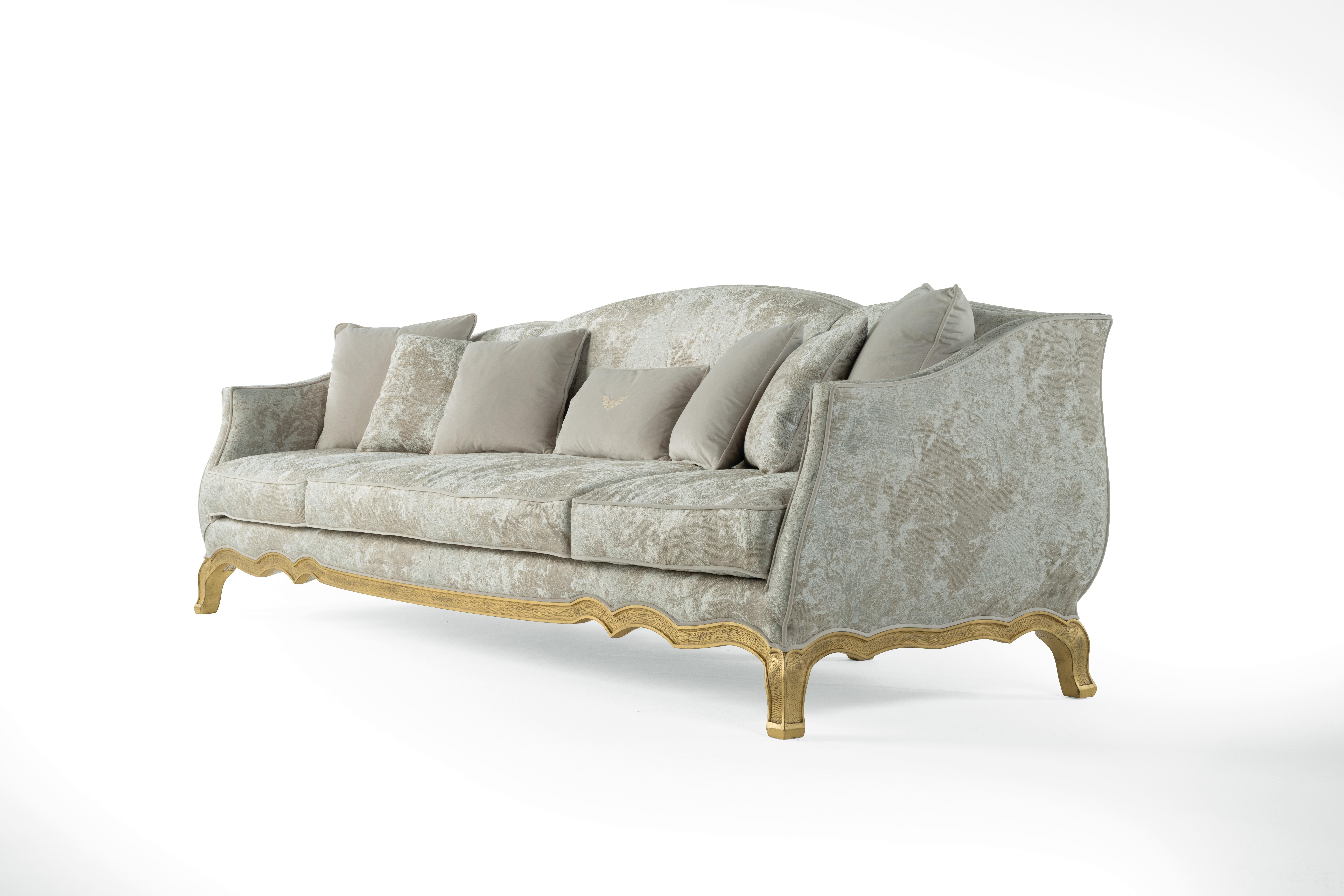 Italian 21st Century Grandcamée 3-Seater Sofa in Fabric with Gold Leaf Finishing For Sale
