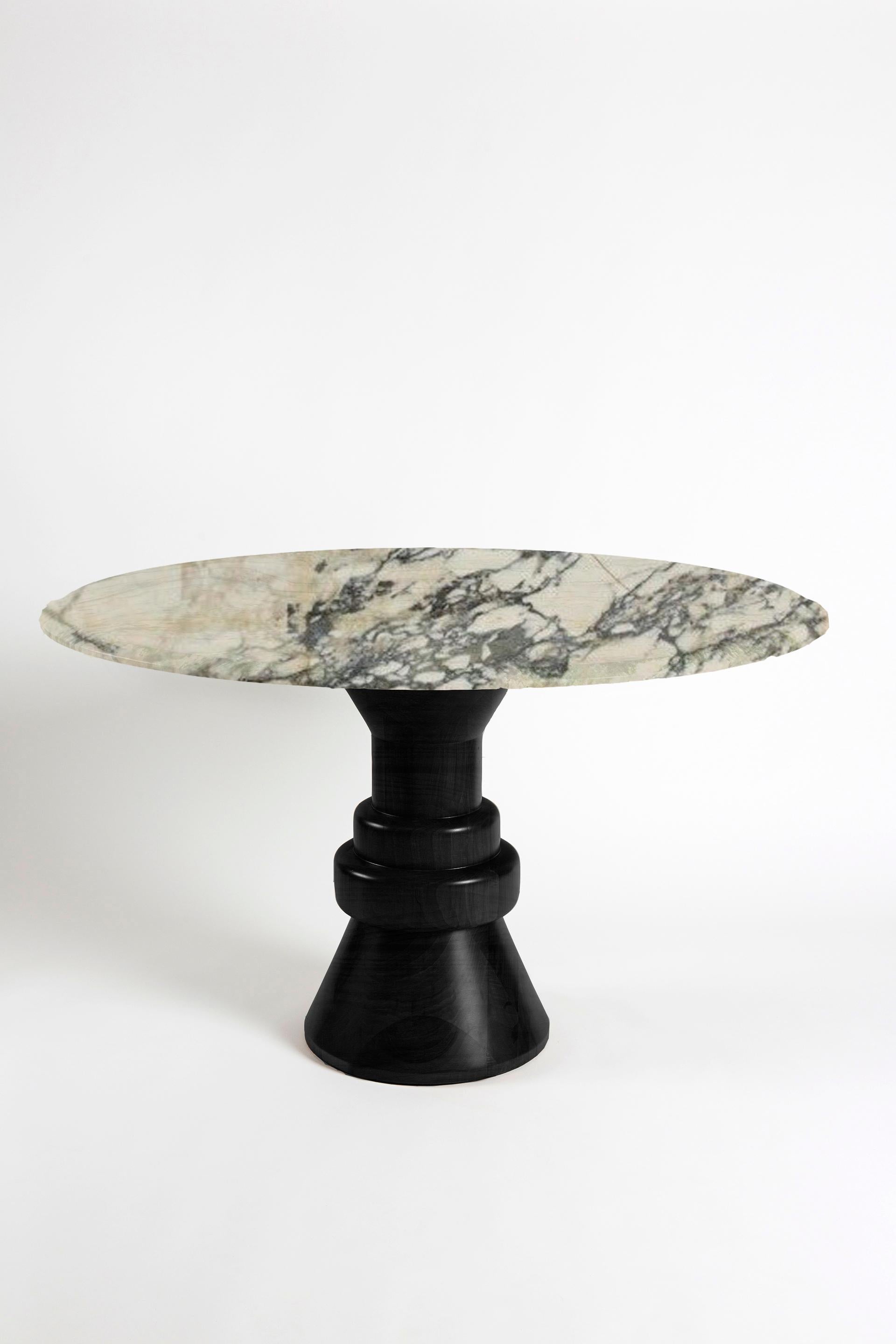 21st Century Gray Marble Round Dining Table with Sculptural Black Wooden Base For Sale 1