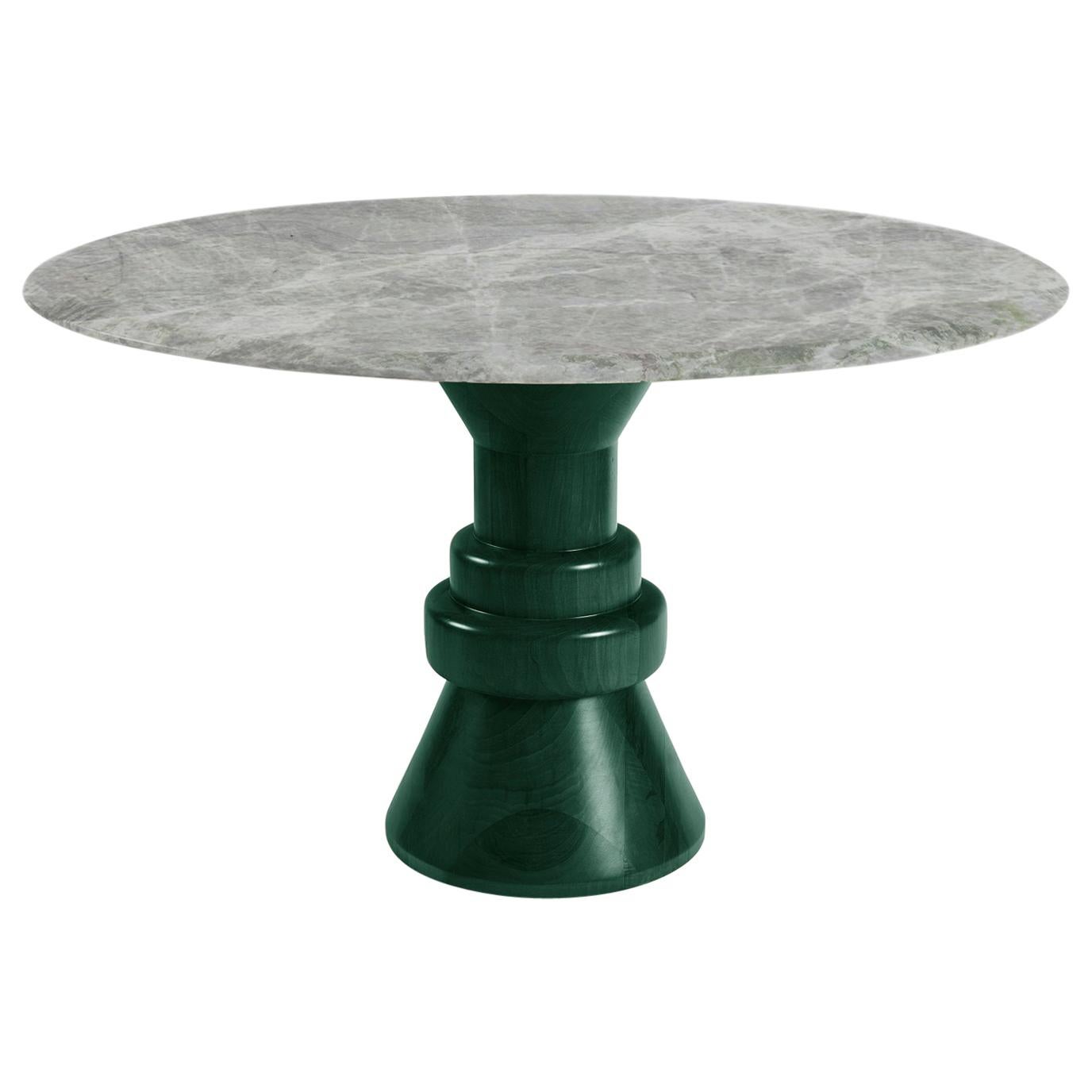 21st Century Gray Marble Round Dining Table with Sculptural Black Wooden Base