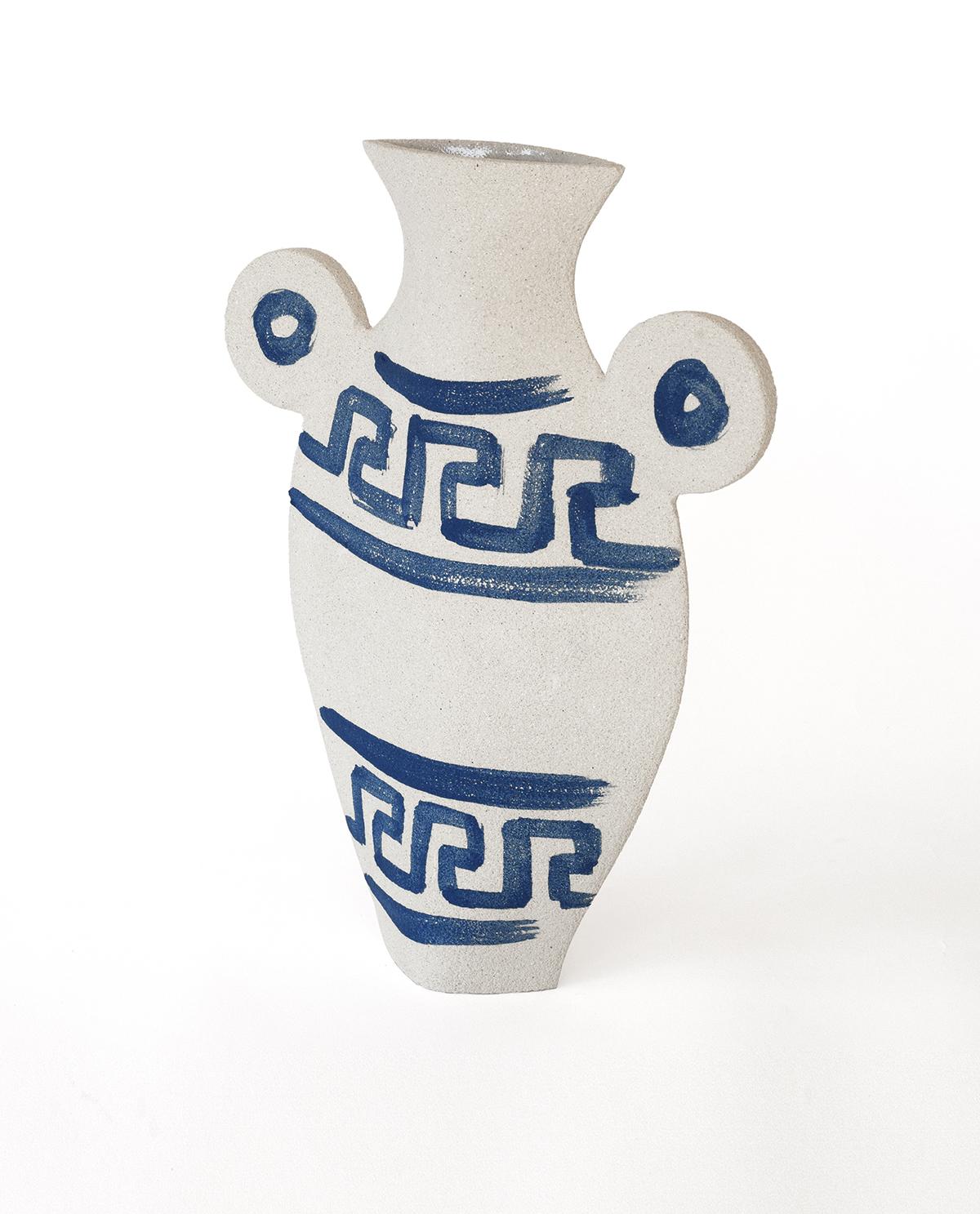 A part of a captivating triptych blending ancient Greek pottery with contemporary design, the ‘Greek [L]’ vase showcases delicate blue underglaze illustrations that harmonize traditional and modern aesthetics.
Crafted by our designer, the blue