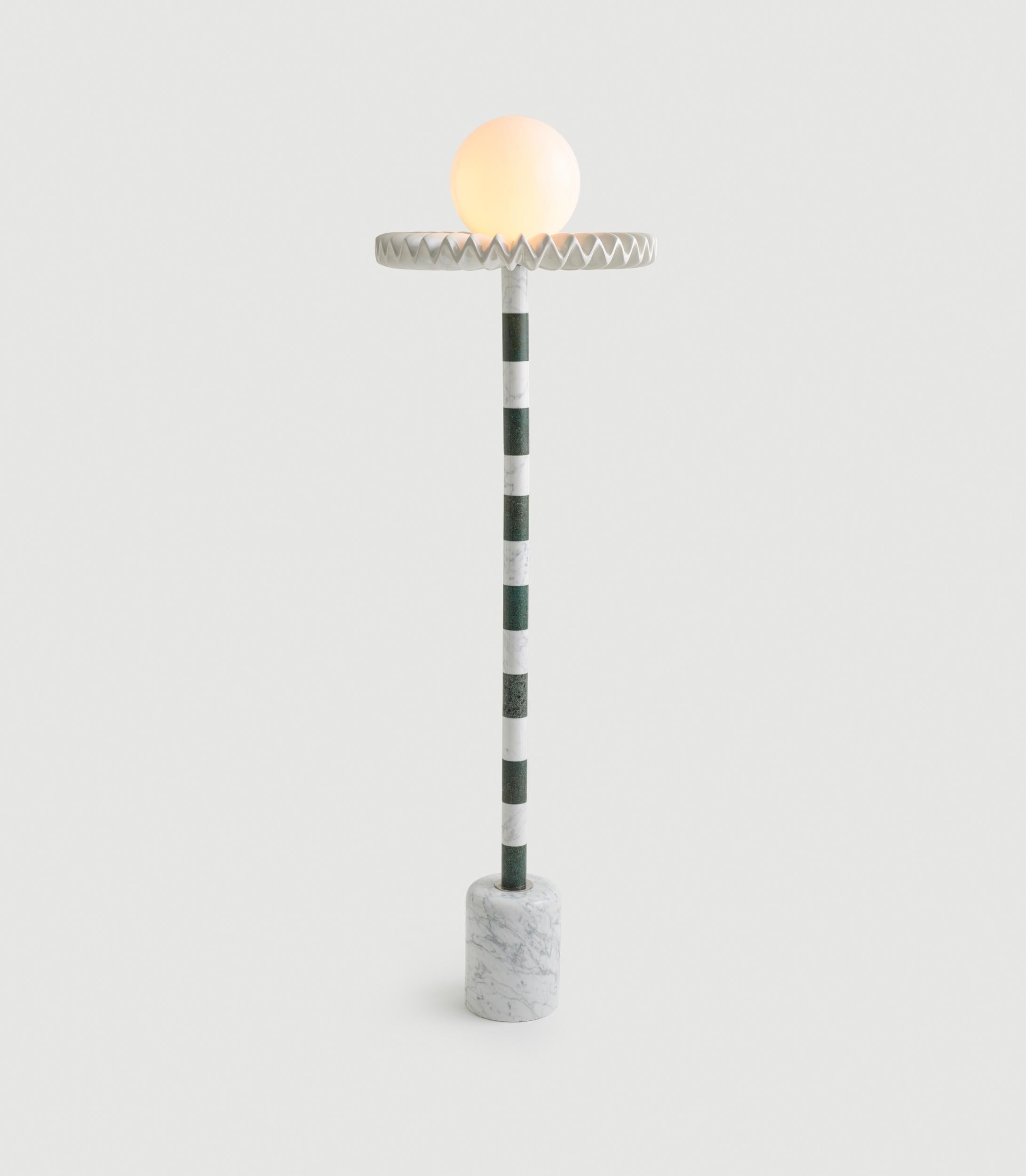 Arts and Crafts 21st Century Green and White Marble SARE Floor Lamp with Milk Glass For Sale