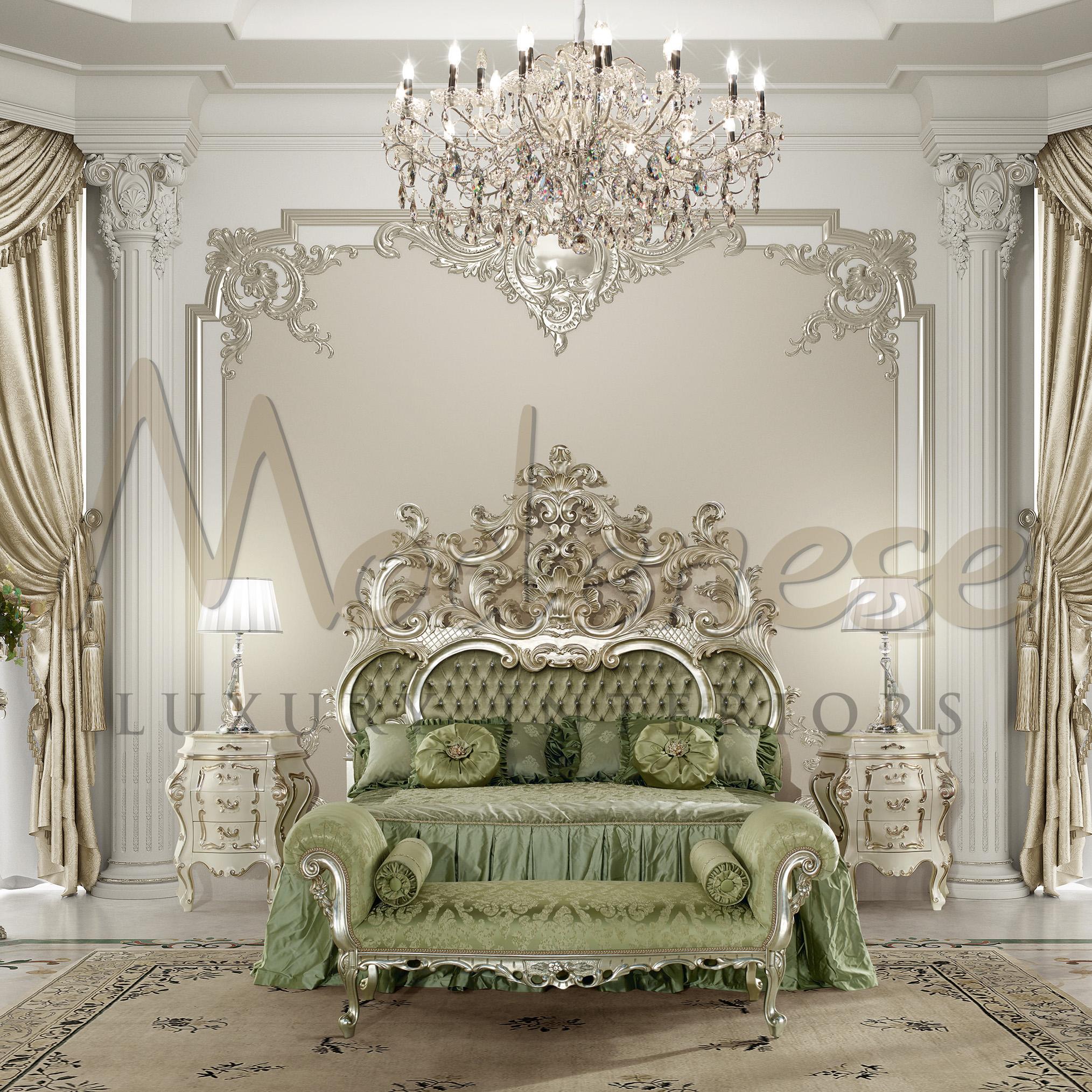 This bed is a true masterpiece: green tufted upholstered double bed with exclusive handcarved baroque headboard, completely decorated in silver leaf applications. Designed and produced by Modenese Gastone Interiors, italian furniture brand. Perfect