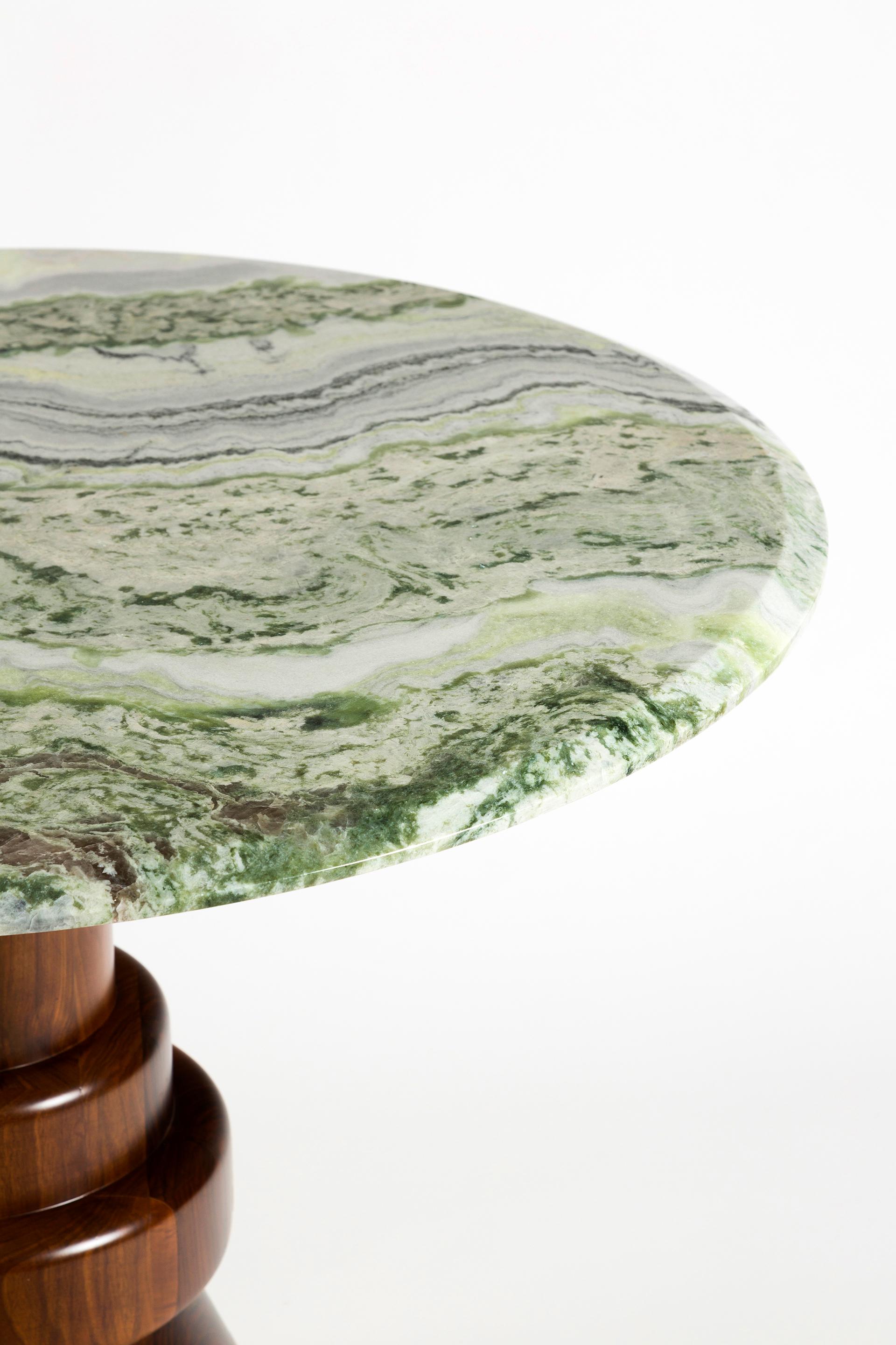 Arts and Crafts 21st Century Green Marble Round Dining Table with Sculptural Wooden Base For Sale