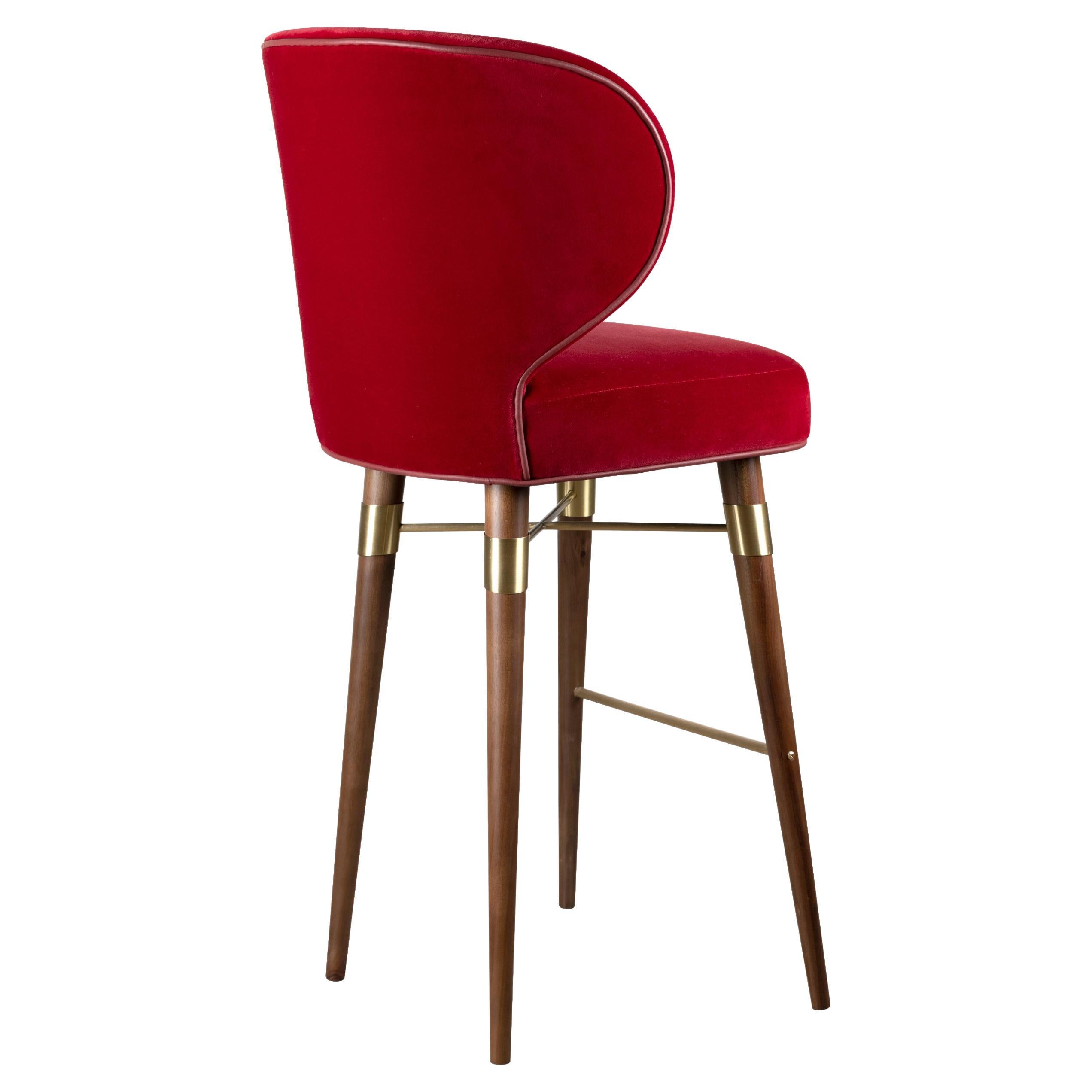 21st Century Green Velvet Louis Bar Stool Polished Brass Walnut For Sale at 1stDibs green