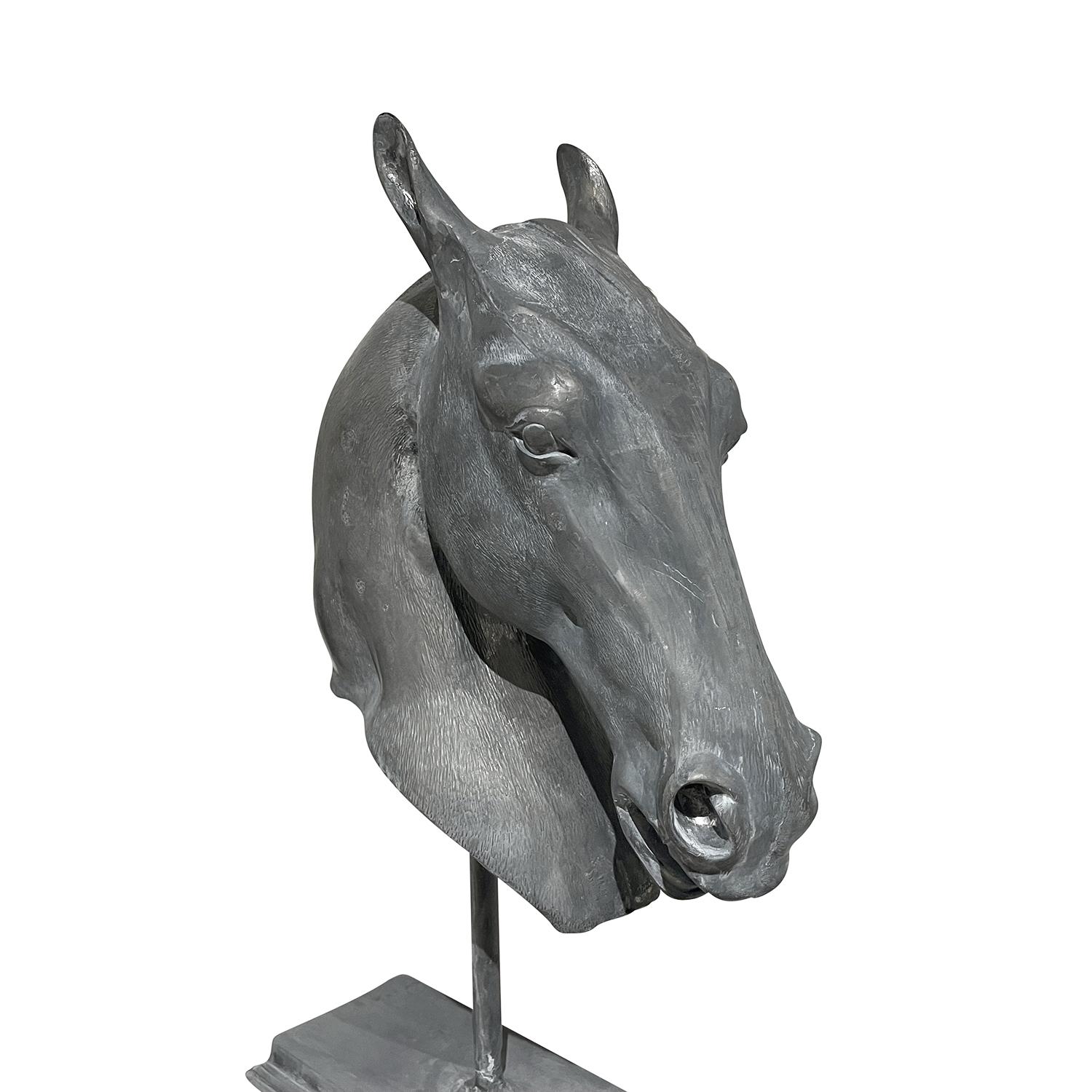 Metal 21st Century Grey European Lead Bust of a Horse Head For Sale