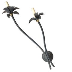 Contemporary Burnished Wrought Iron Palm and Floral Design Two-Light Wall Sconce