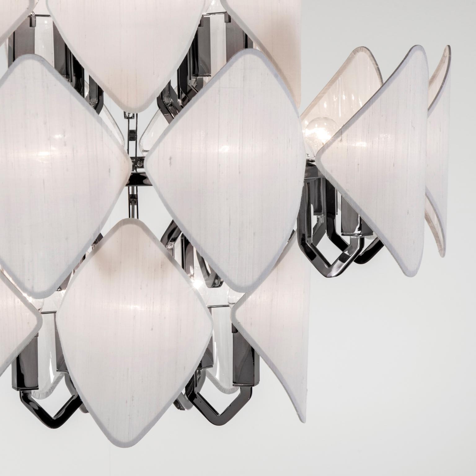 Modern 21st Century Gunmetal Chandelier and White Silk Shades by Roberto Lazzeroni For Sale