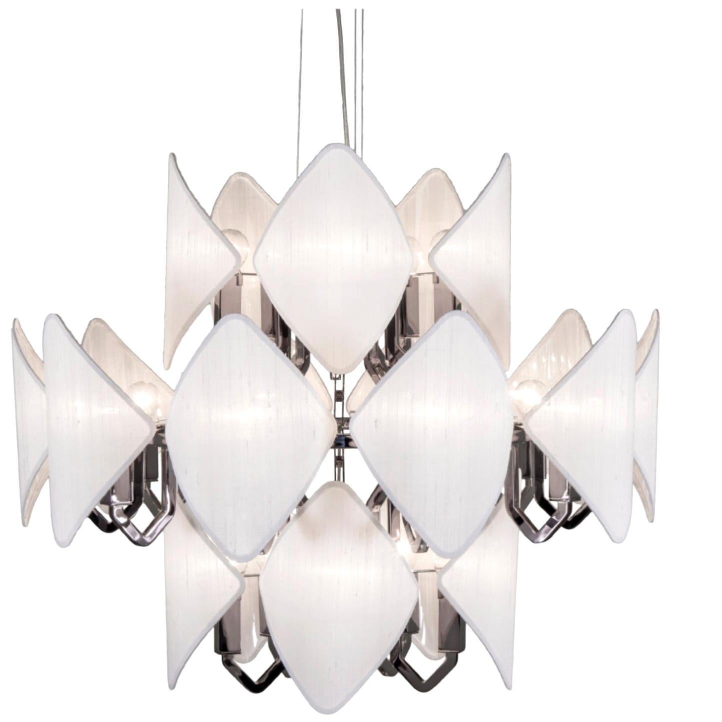 21st Century Gunmetal Chandelier and White Silk Shades by Roberto Lazzeroni