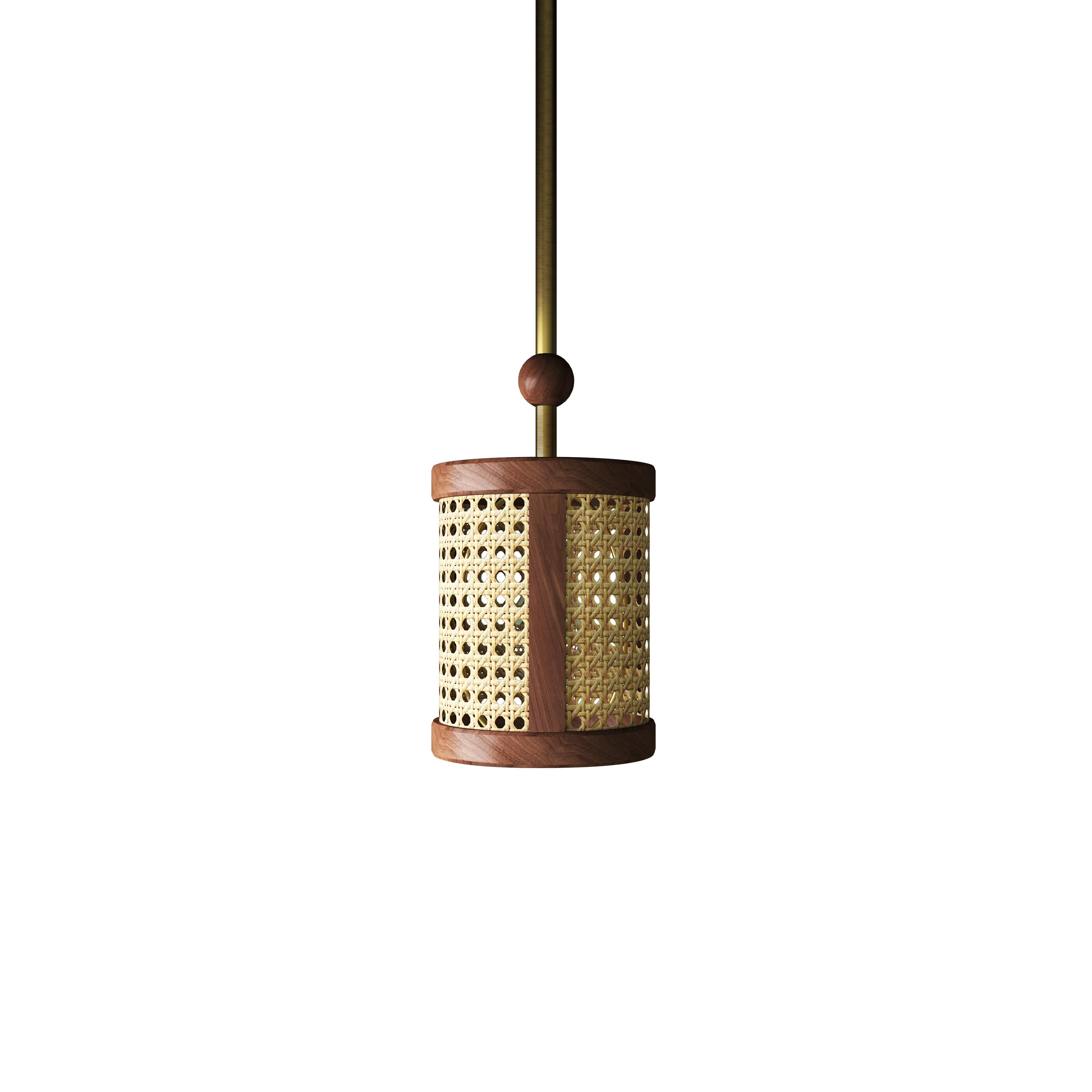 Brass 21st Century Hamilton Pendant Lamp Walnut Wood Rattan For Sale