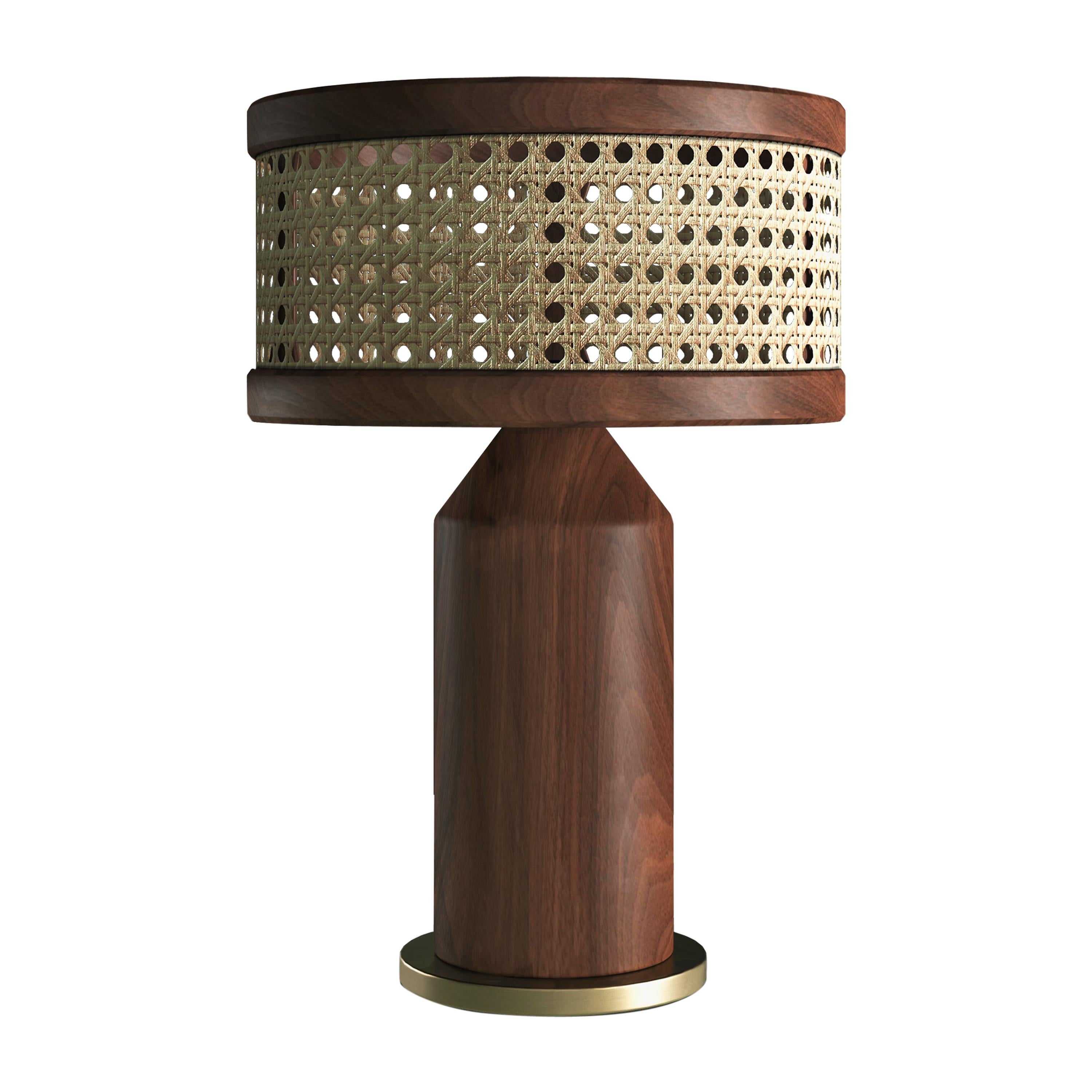 21st Century Hamilton Table Lamp Walnut Wood and Rattan For Sale