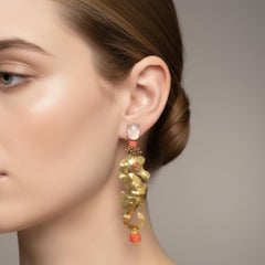 21st century Hammered Brass and Mediterranean Coral Seahorse Dangle Earrings