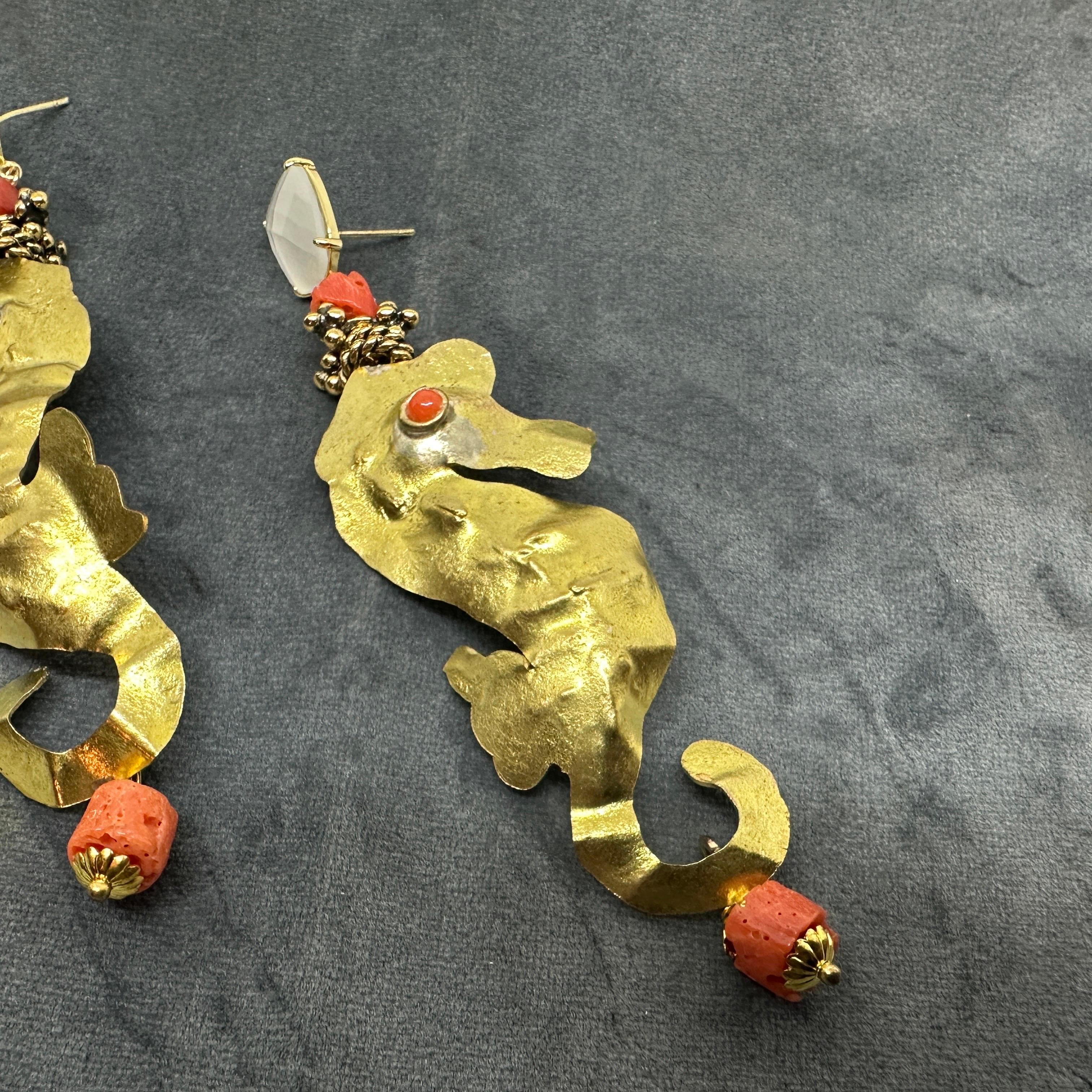 Retro 21st century Hammered Brass and Mediterranean Coral Seahorse Dangle Earrings For Sale