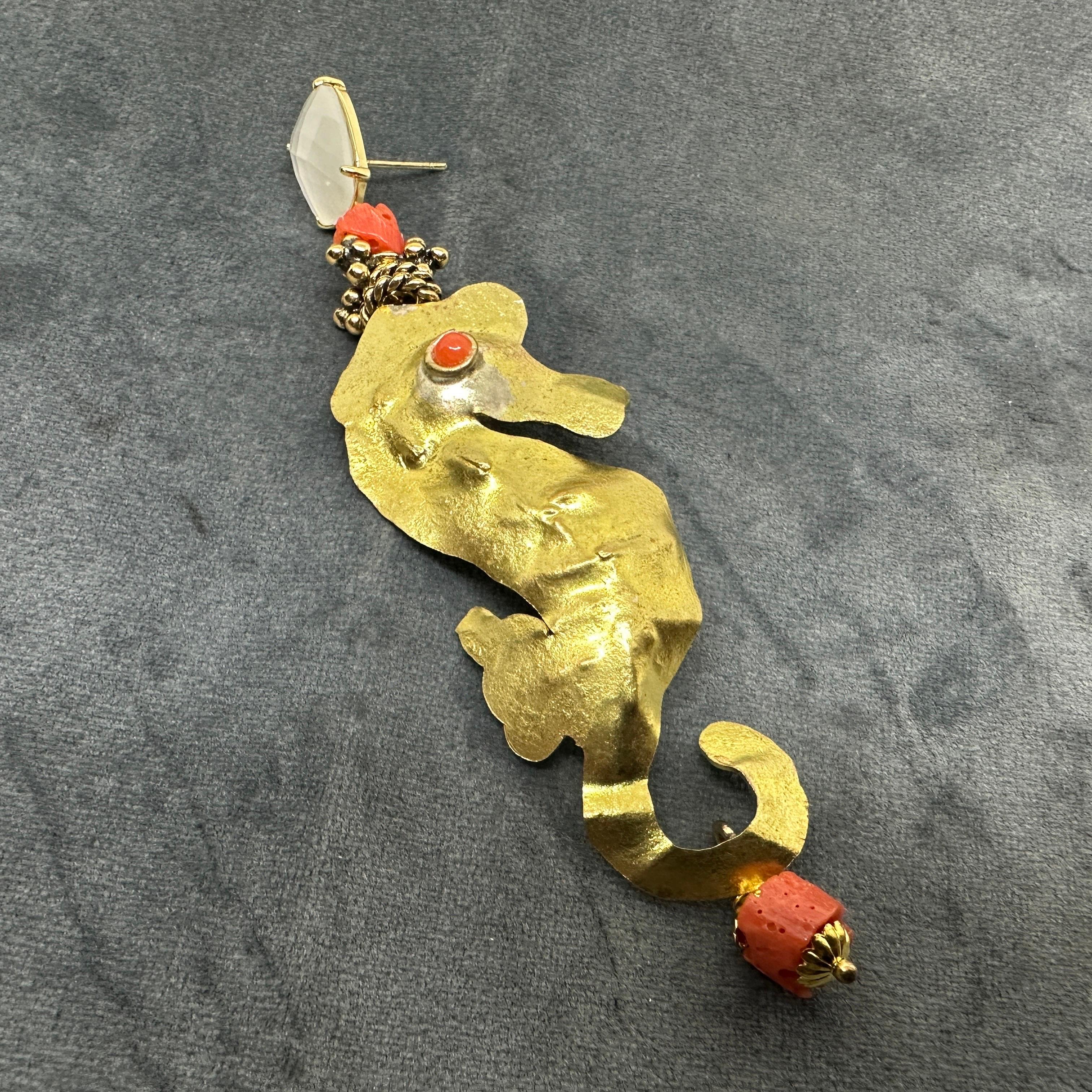 Women's 21st century Hammered Brass and Mediterranean Coral Seahorse Dangle Earrings For Sale