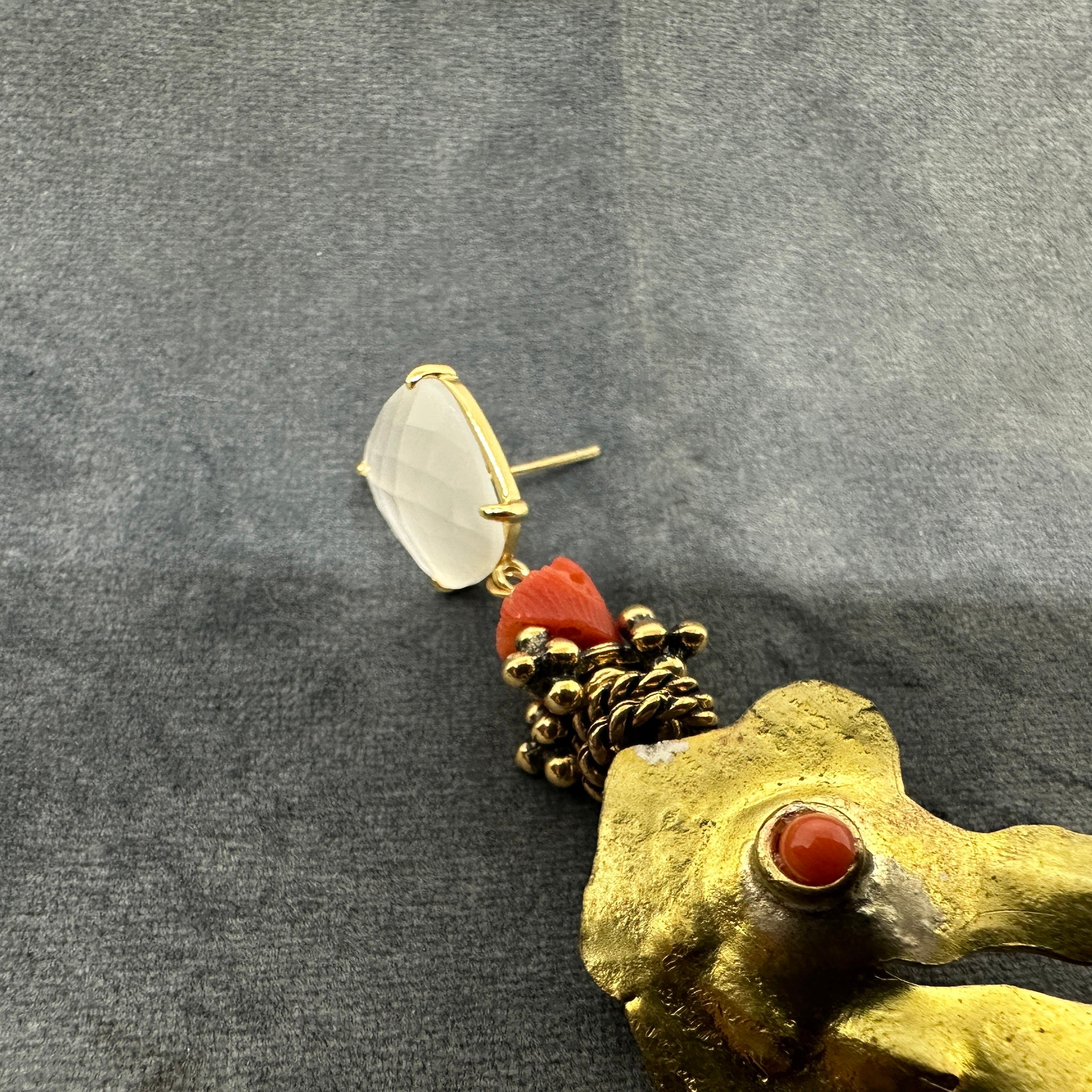 21st century Hammered Brass and Mediterranean Coral Seahorse Dangle Earrings For Sale 1